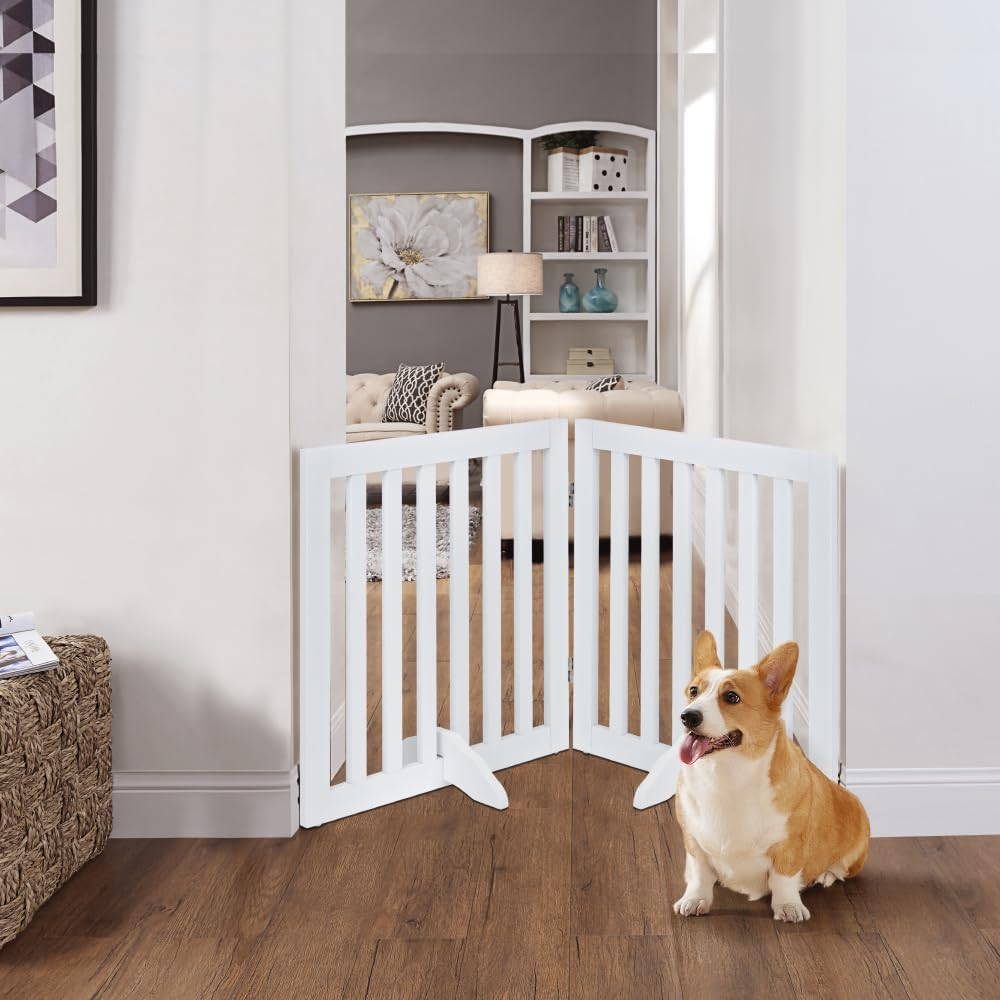 Unipaws 61Cm H Free Standing Pet Gate for Cat, Wooden Gates for Doorway, Stairs, Foldable Pet Fence for House, Expandable Dog Barrier, Indoor Use, White image number 3