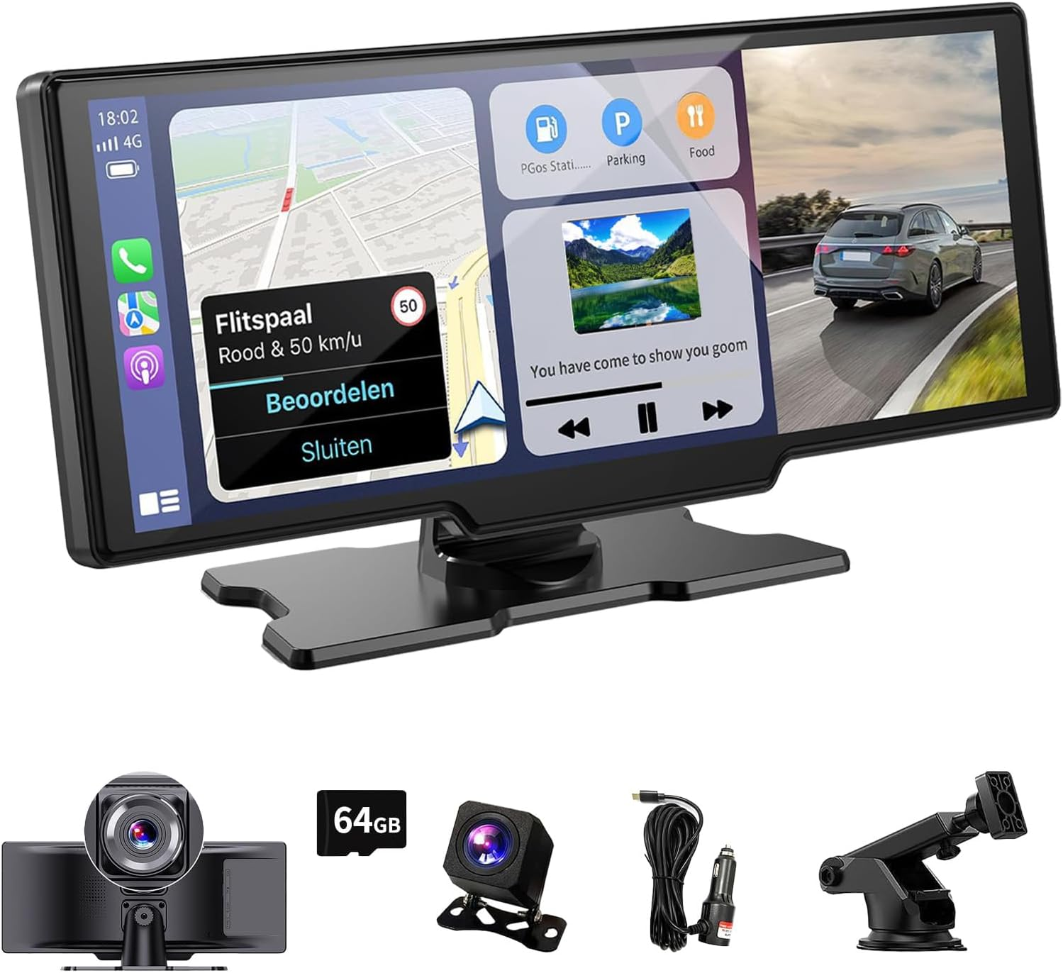 10.26'' Wireless Portable Carplay Screen for Car, Carplay & Android Auto Car Touch Stereo, with 4K Dash Cam, Backup Camera,Bluetooth, Voice Control, GPS Navigation (10.26Inch with 64GB TF Card) image number 3