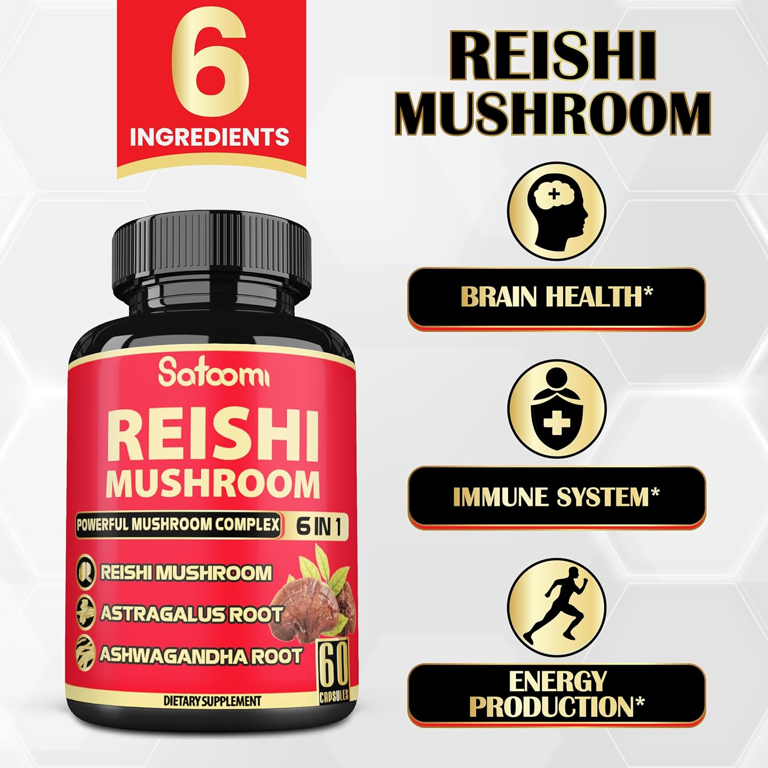 6In1 Reishi Mushroom Supplement Capsules - 6 Natural Ingredients - 60 Vegan Caps for a 2-Month Supply image number 5