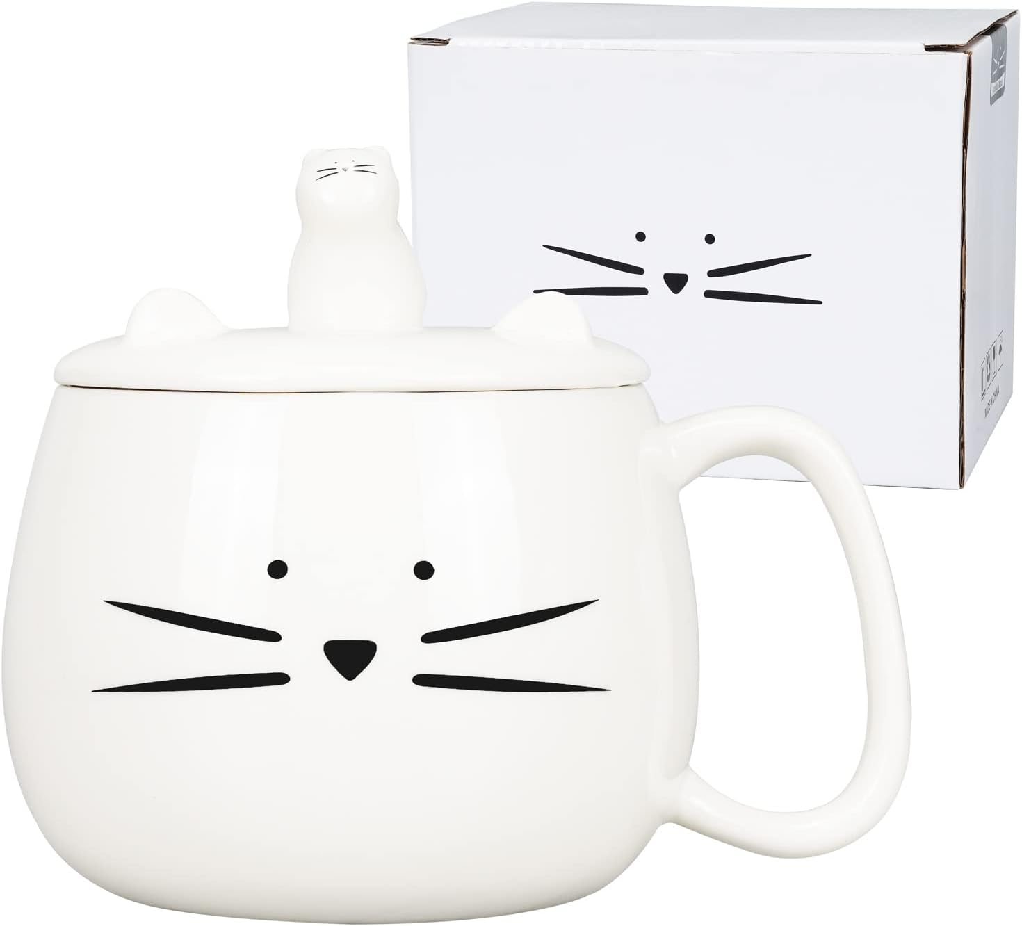 Koolkatkoo 16OZ Cute Cat Coffee Mug with Cell Phone Holder Lid for Cat Lover Unique Ceramic Black Mugs Tea Cup