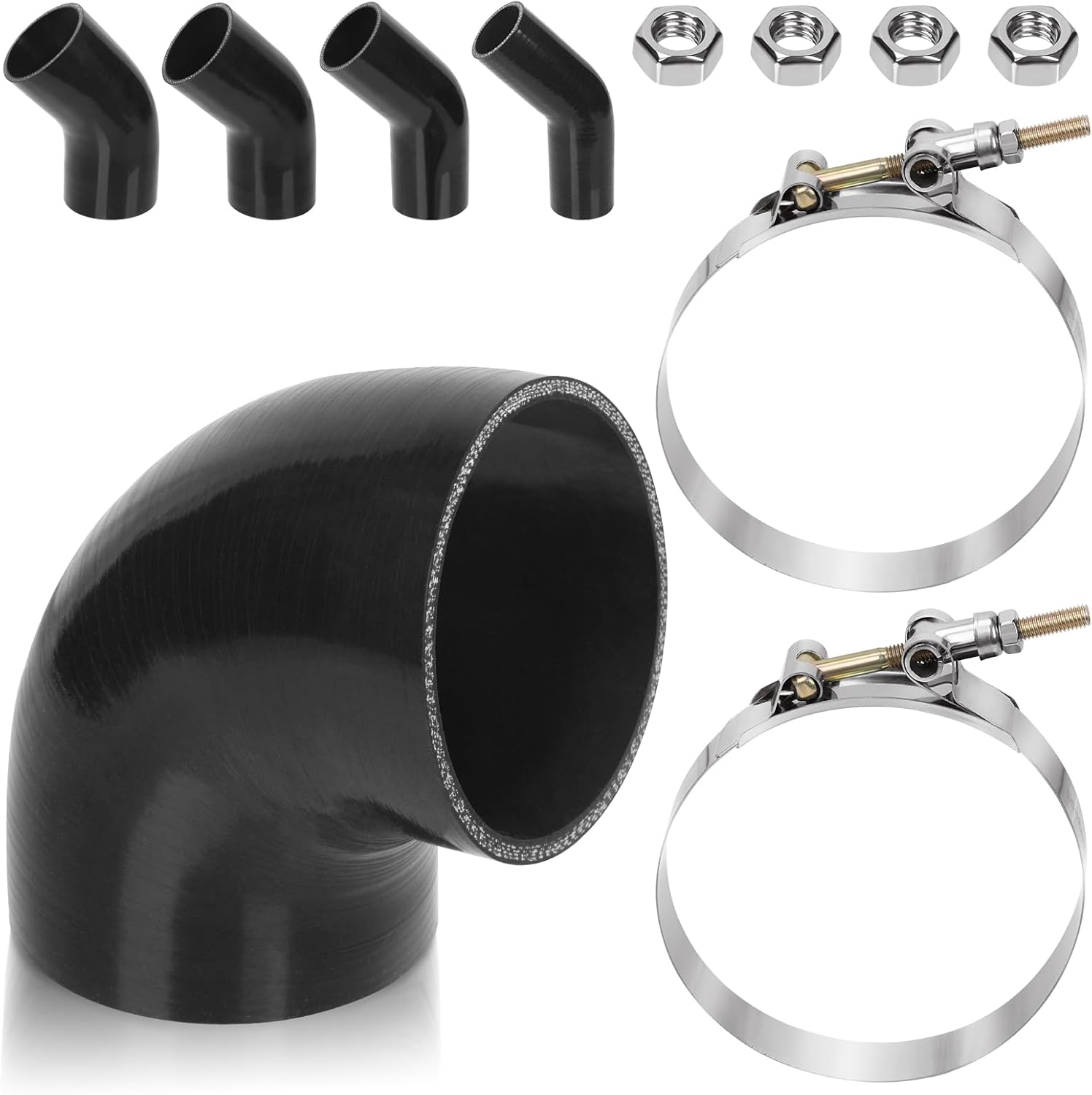 Glarks 7Pcs 90 Degree Elbow Coupler Silicone Hose Set Includes 1Pcs ID 4In 4-Ply High Performance Coupler Silicone Hose 2Pcs 4.2-4.5In T-Bolt Clamp 4Pcs M6 Hex Nut