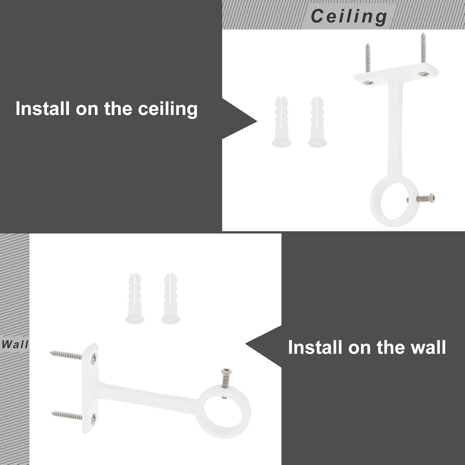 Ceiling-Mount Curtain Rod Brackets, Heavy Duty Ceiling and Wall Curtain Rod Holder for 1 Inch Drape Pole (White (Set of 2)) - Black (Set Of 2) image number 5