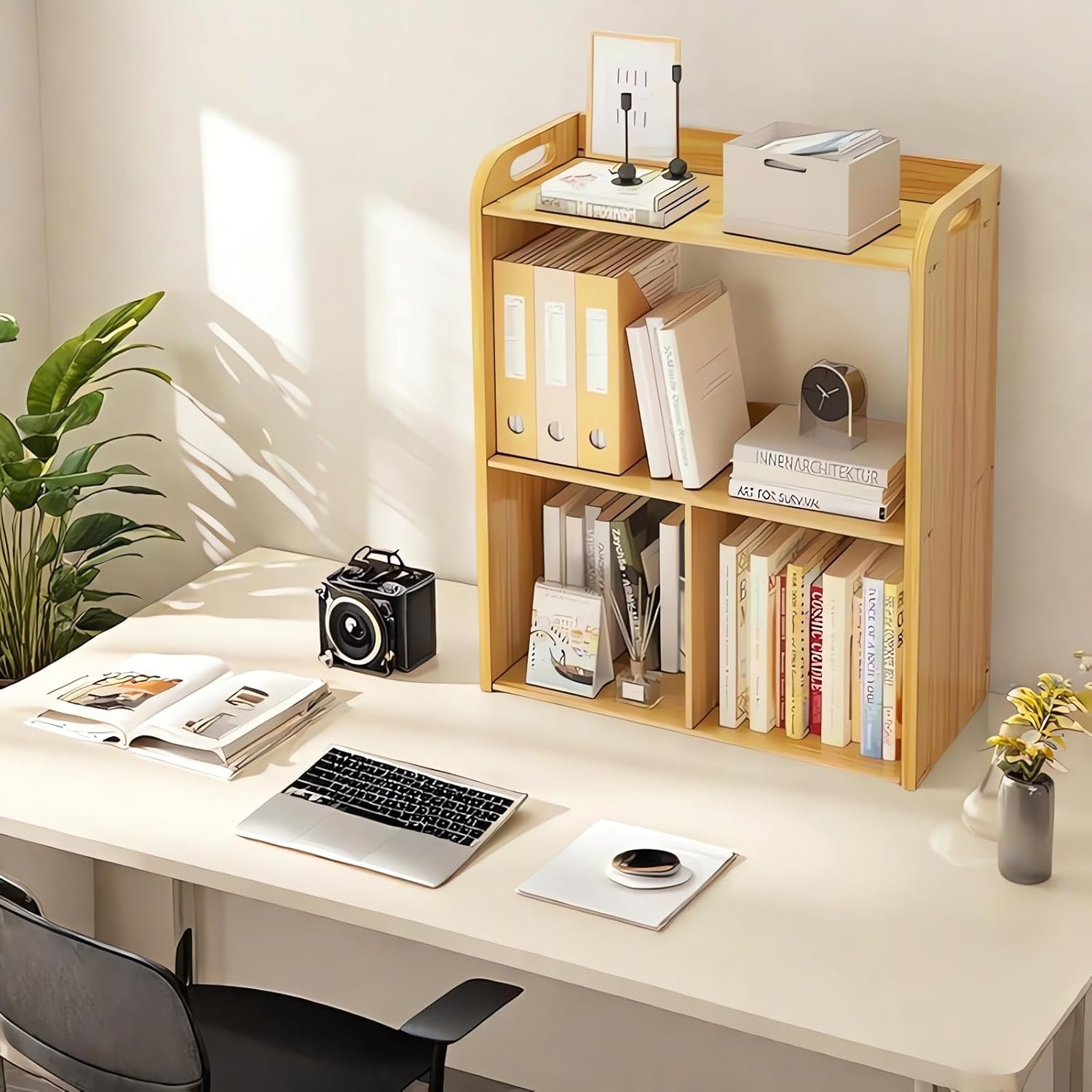 Bookcase, Desktop Organizer, Office Desk Storage Shelf, Desktop Bookcase Wood Bookshelf A12 (A Wood) - Black image number 4