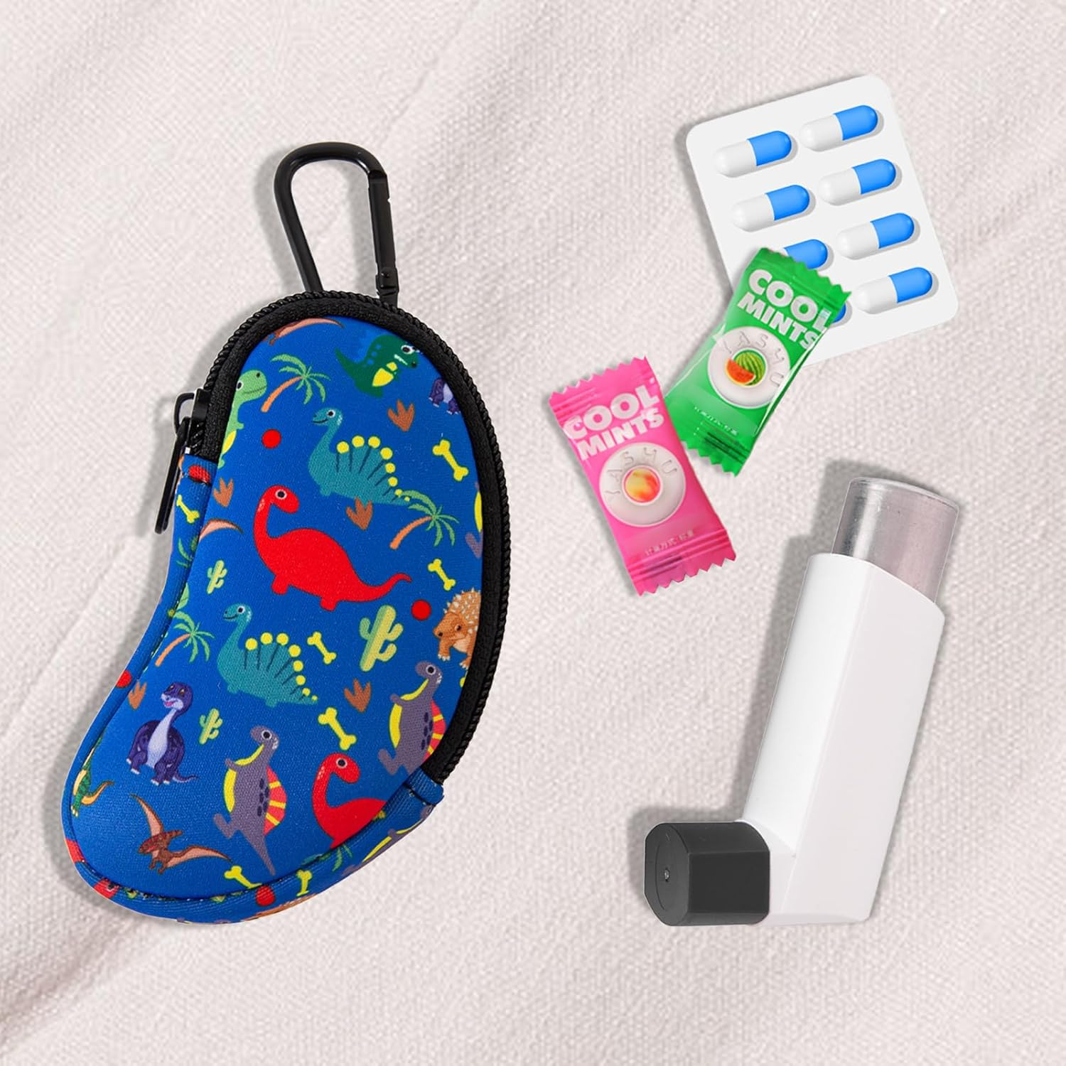 AGDGV Asthma Inhaler Case Holder with Carabiner Clip, Dust-Proof Travel Organizer Bag for Adults & Kids - Lightweight Portable Design with Mesh Pocket & Velvet Lining (Case Only, Cute Dinosaur Design) image number 5
