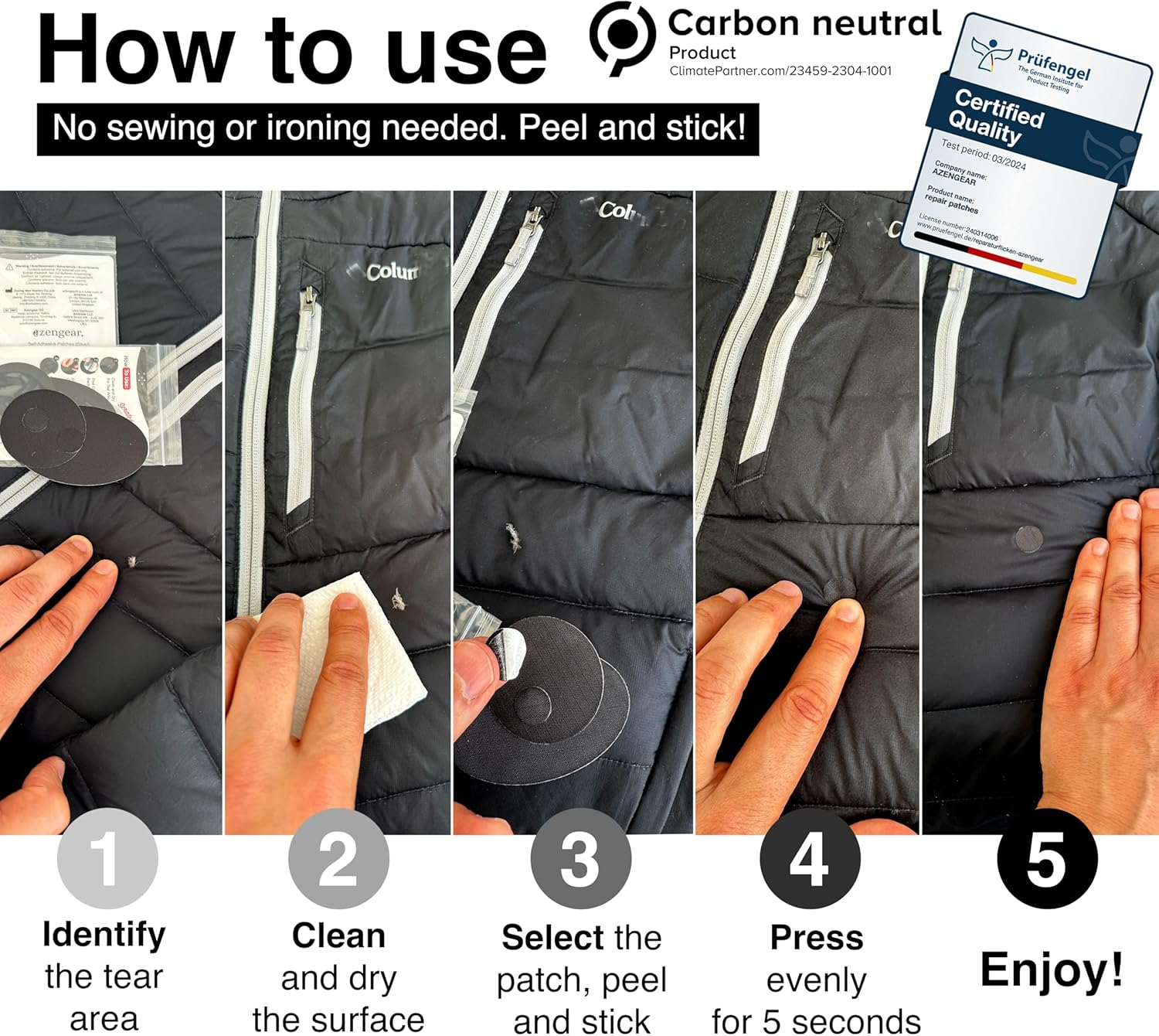 Azengear Repair Patches Waterproof, Self-Adhesive, Tear-Cold-Heat-Resistant Polyester Fabric to Fix down Jacket, Puffer, Snowsuit, Shoe, Tent, PVC, Clothing, Upholstery (11 Pcs, Black) image number 5