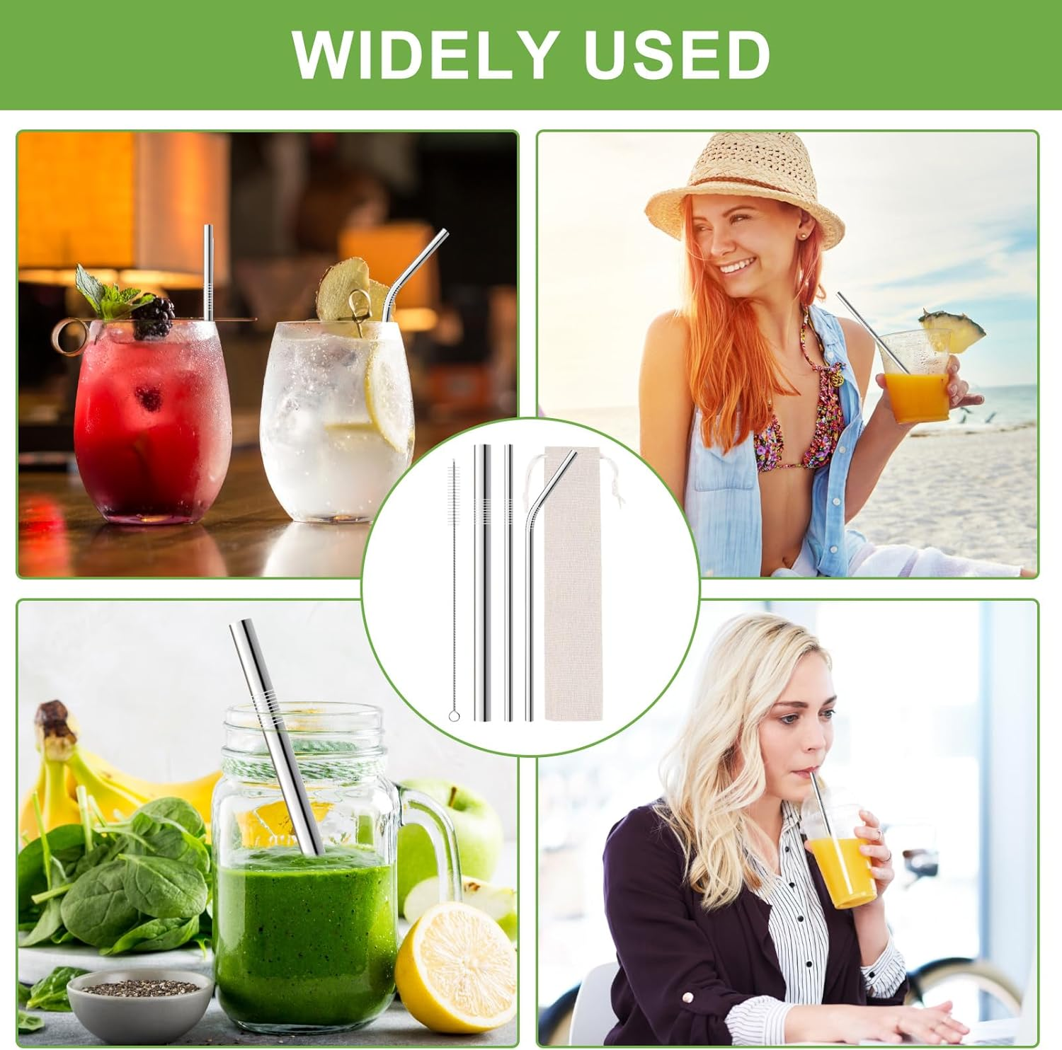 Ozgrove Reusable Metal Straws Set, 304 Stainless Steel 1 Straight 1 Bent & Thick Boba Straw with Cleaning Brushes & Cloth-Container, Anti-Wrinkle Drinking Cup Accessories for Smoothie Bubbling Tea image number 2