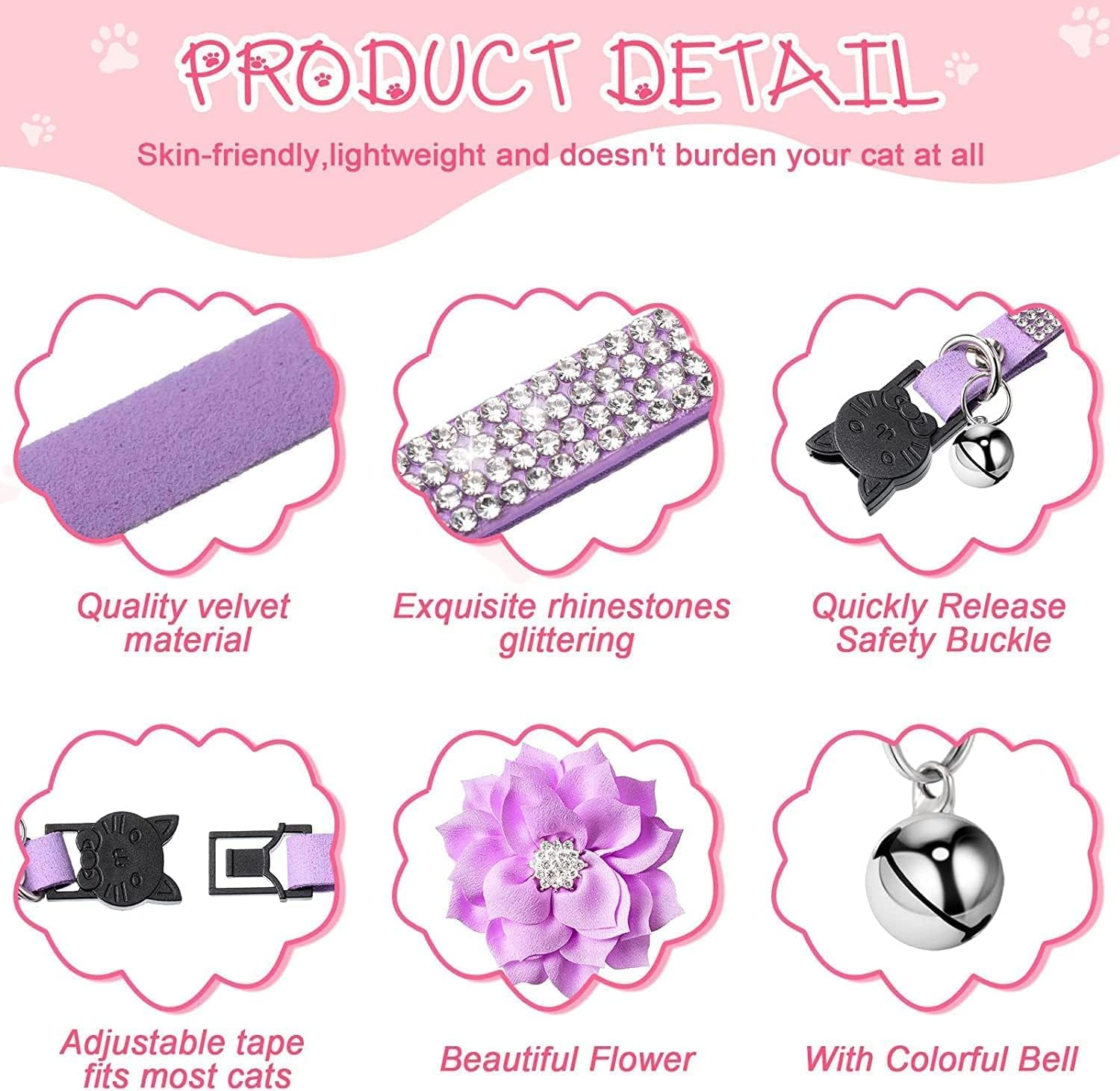 Serijoars Cat Collars,Rhinestone for Girl Cats Bling Kitten Flower Adjustable Breakaway Collar with Bell Soft Velvet Leather Collar for Puppy Small Dogs (Black) image number 5