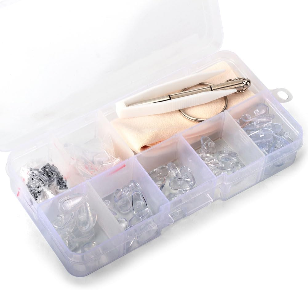 Sunglasses Eyeglasses Repair Kit 140PCS Gold Tiny Stainless Steel Screws and 2 Pairs Nose Pads with Micro Screwdriver Tweezer for Watch Clock Spectacle Eyewear Repair