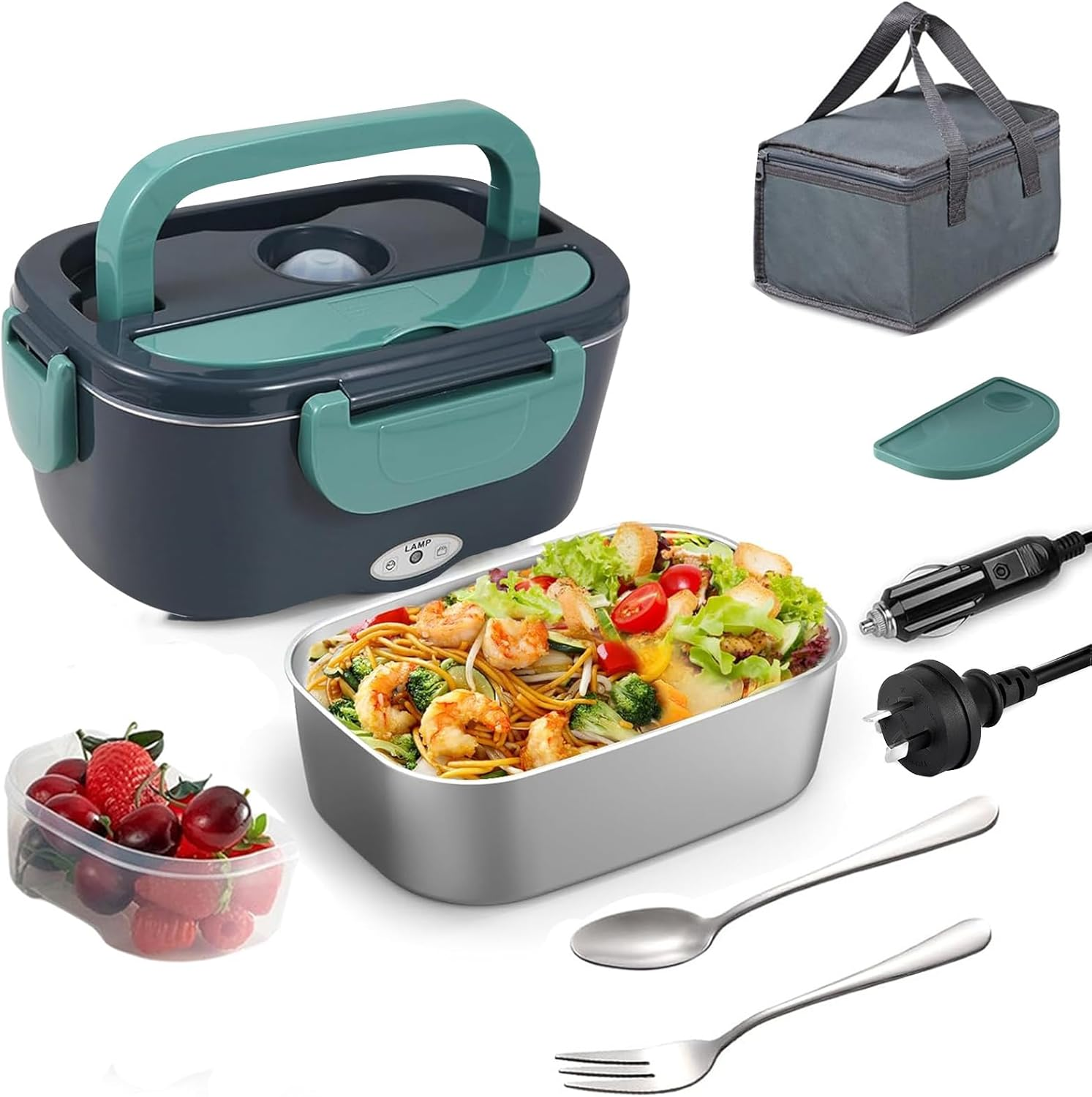 Stusgo Electric Lunch Box Warmer Heated Lunch Box, 60W, Leak Proof with 304 Stainless Steel Container & Spoon, AU Socket 220V 12V 24V, 3 in 1 Portable Food Warmer for Car, Home, Office, School(Green) image number 5