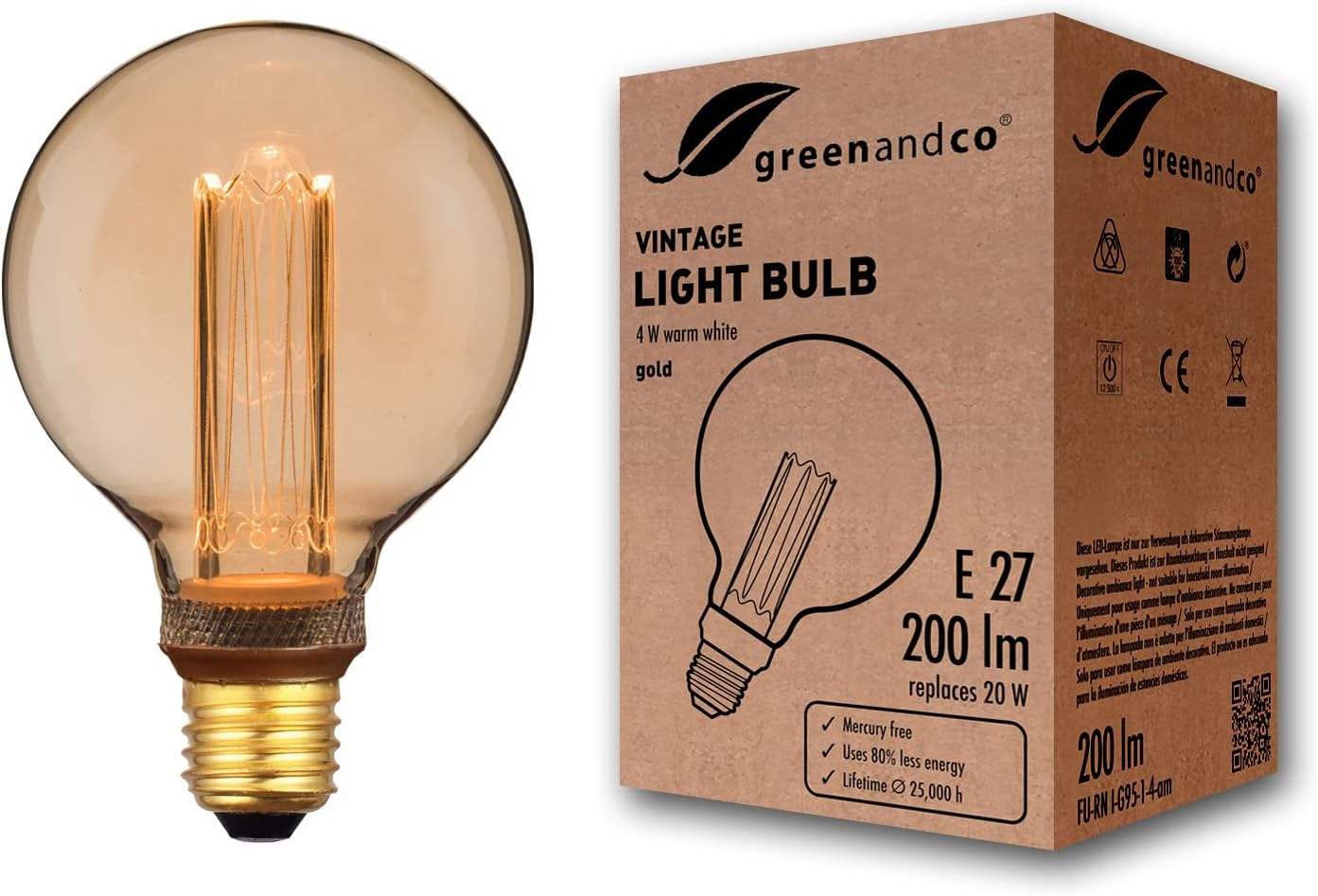 Greenandco Vintage Style Edison Decorative LED Bulb | 1800K Extra Warm White | 320&deg; | 230V | No Flicker | E27 ST64 | Gold | 4W 200Lm | Non-Dimmable