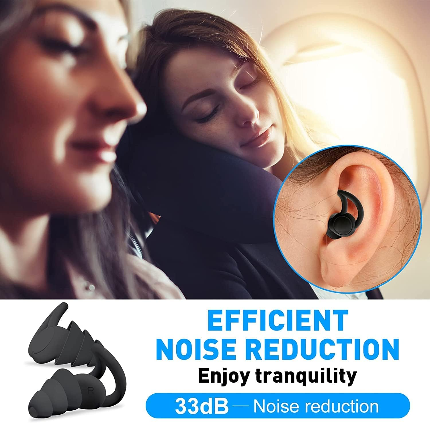 WININMETA Ear Plugs for Sleeping Noise Cancelling, Reusable Soft Silicone Ear Plugs for Noise Reduction, Washable Hearing Protection for Sleep Snoring, Work, Travel, Concert, Motorcycle, Black image number 1