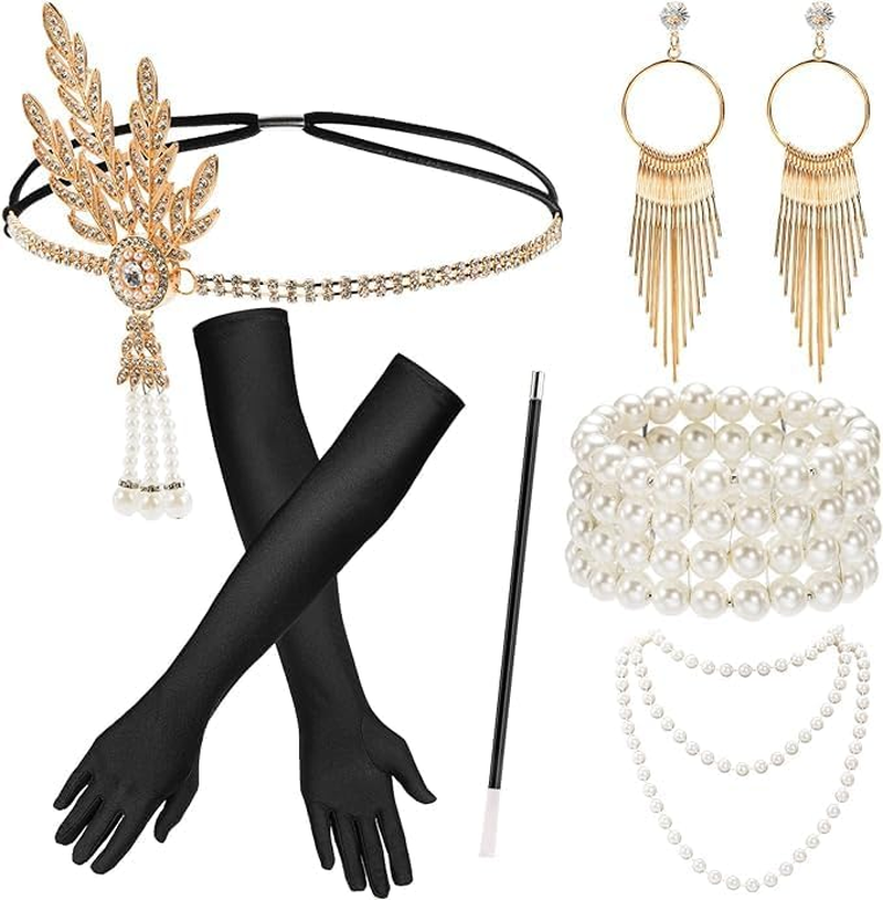 6 Pcs 1920S Flapper Accessories for Women, Roaring 20S Great Gatsby Accessories for Party, Flapper Costume Set Includes Headband, Necklace, Gloves, Earrings, Bracelet, Holder image number 1