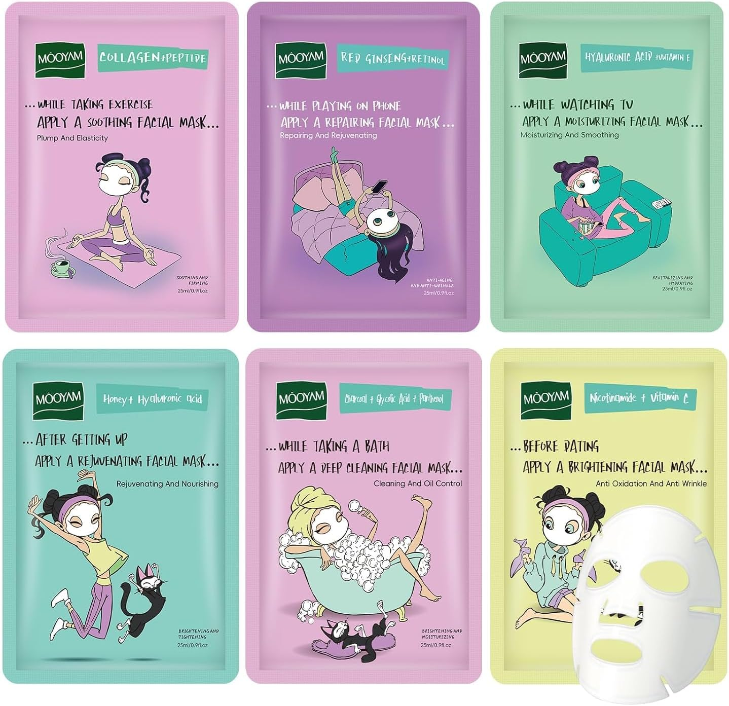 Face Masks Skincare Set for Girl,Moisturizing Collagen Facial Masks for Women Home Spa,Hyaluronic Acid Face Mask - Pore Minimizing,Elasticity Enhancing,Firming,Moisturizing,Oil Contral 25Ml (6 Pack) image number 1