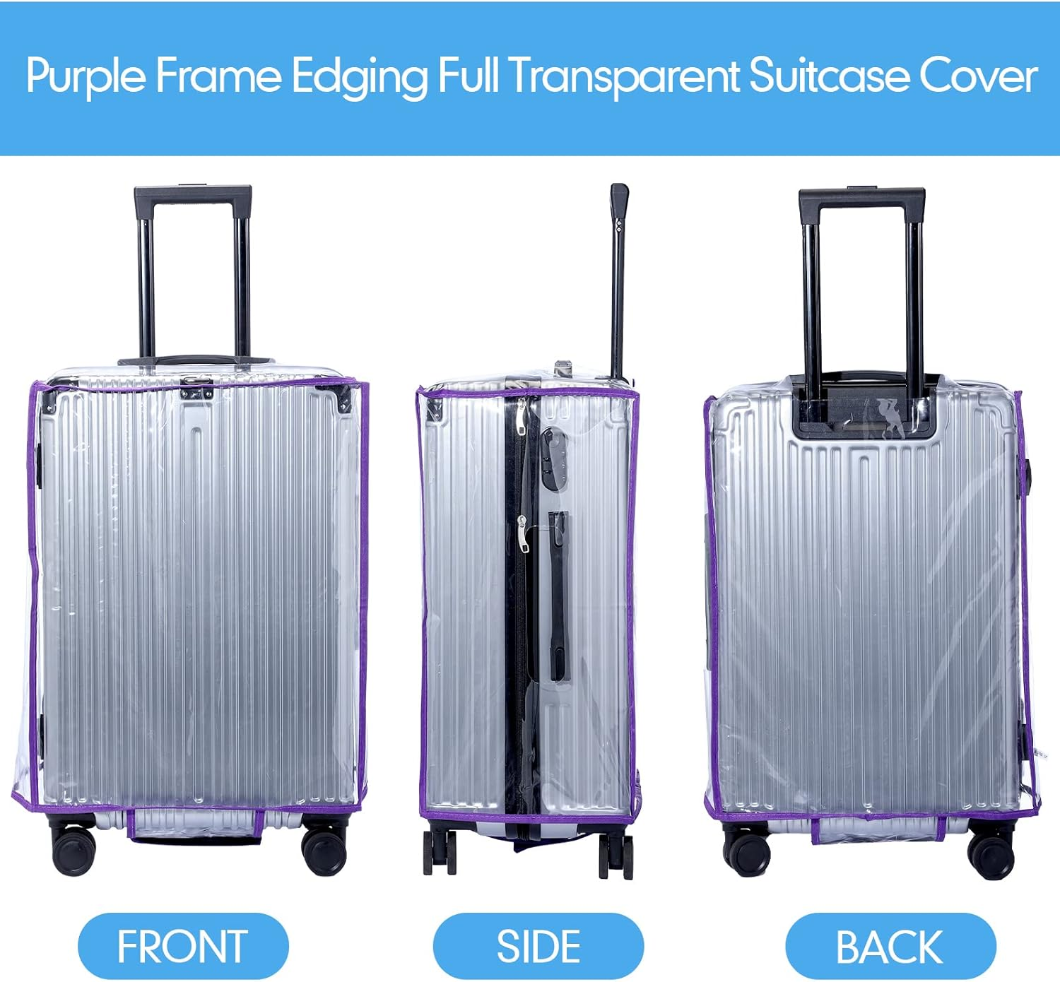 3 Pcs PVC Luggage Cover Waterproof Transparent Suitcase Cover Thicken Luggage Protector for Travel, Fits 20" 24'' 28" Case, Purple, 20 Inch, 24 Inch, 28 Inch, Suitcase Luggage image number 2