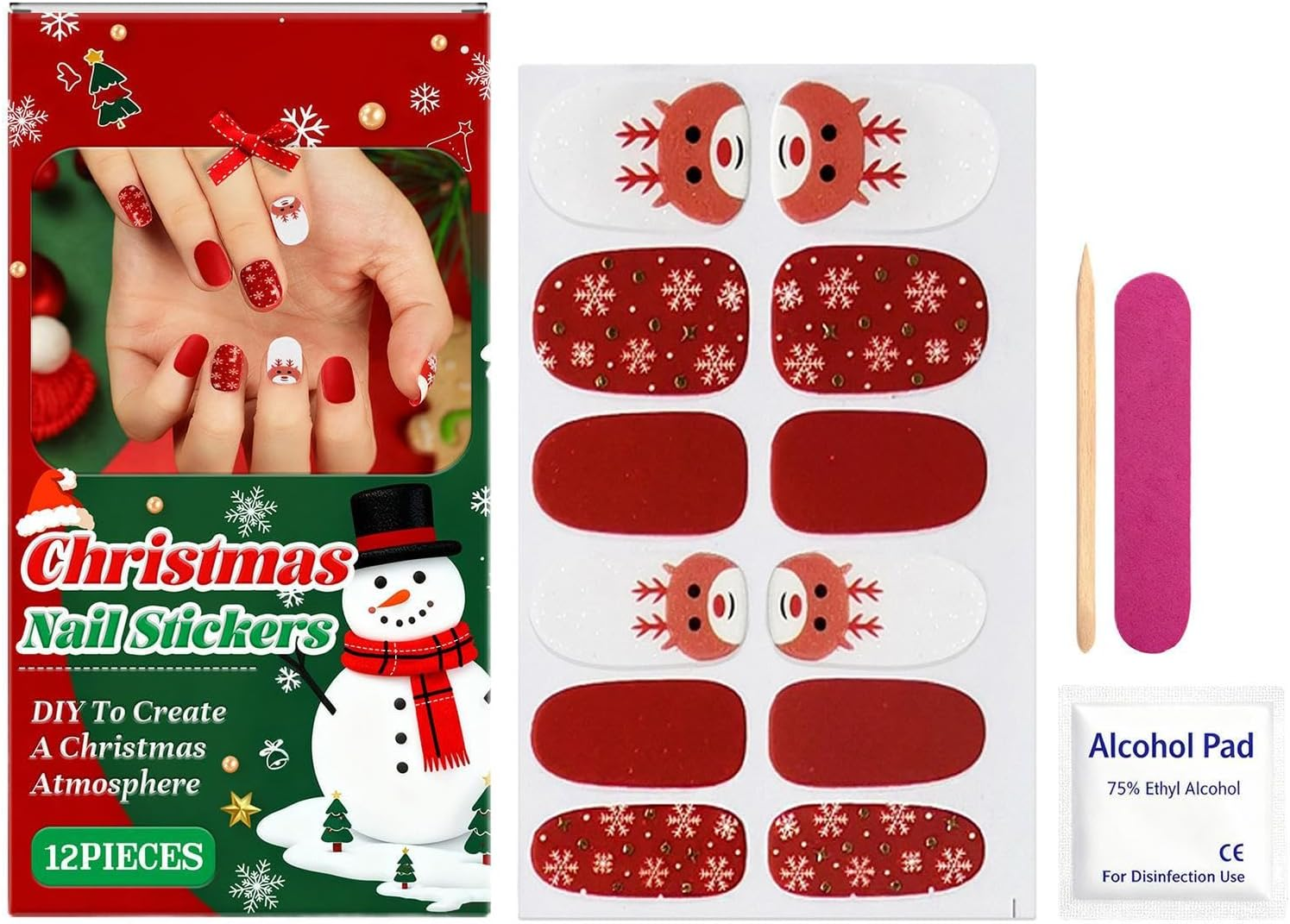 Christmas Nail Wraps | Glitter Art Decal,Snowflake Elk Design Gel Nail Wraps with File and Stick,For Holiday Winter Home Party Salon image number 5