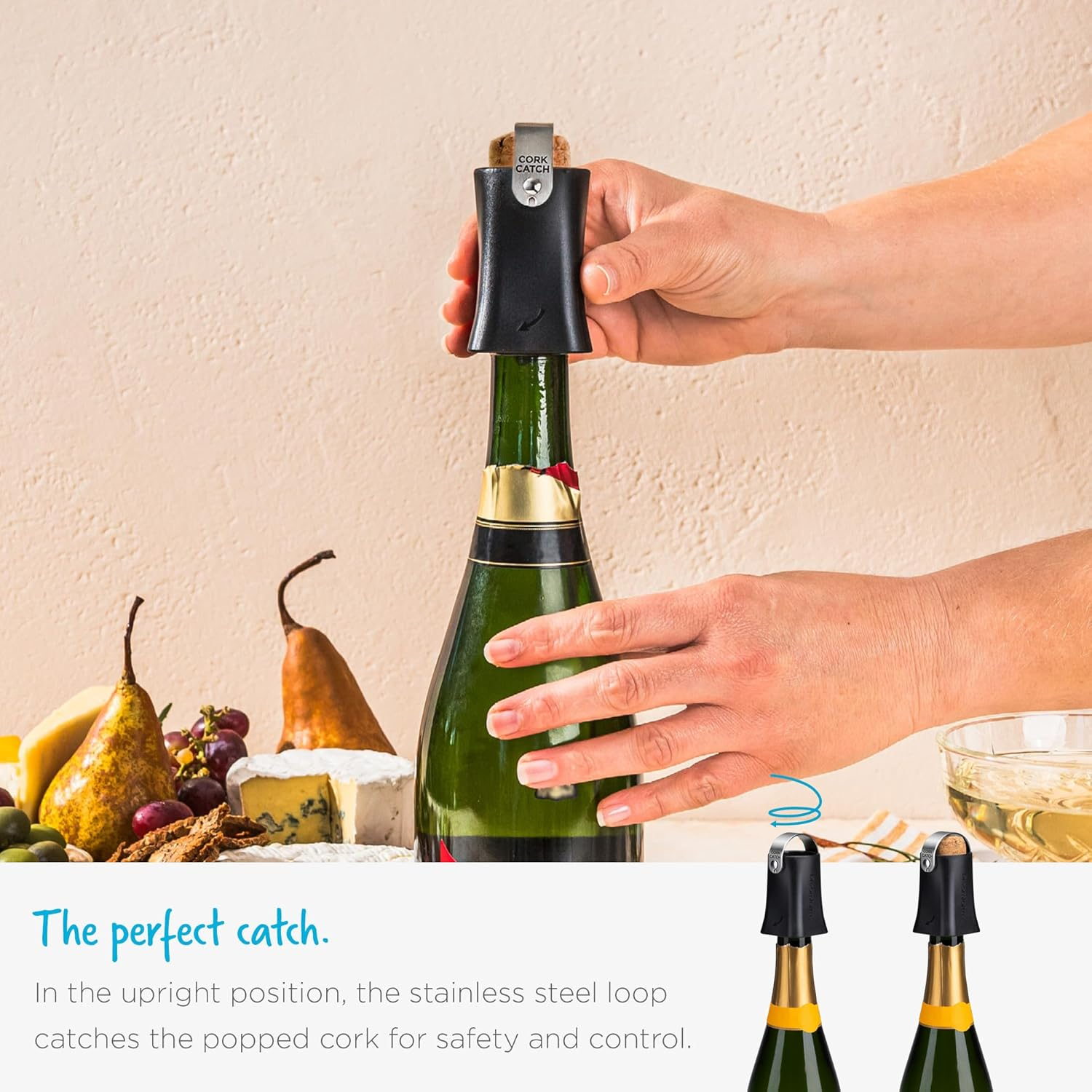 Dreamfarm Champop Safe, Fast, & Easy Champagne Bottle Opener, Cork Popper & Catcher - Black image number 2