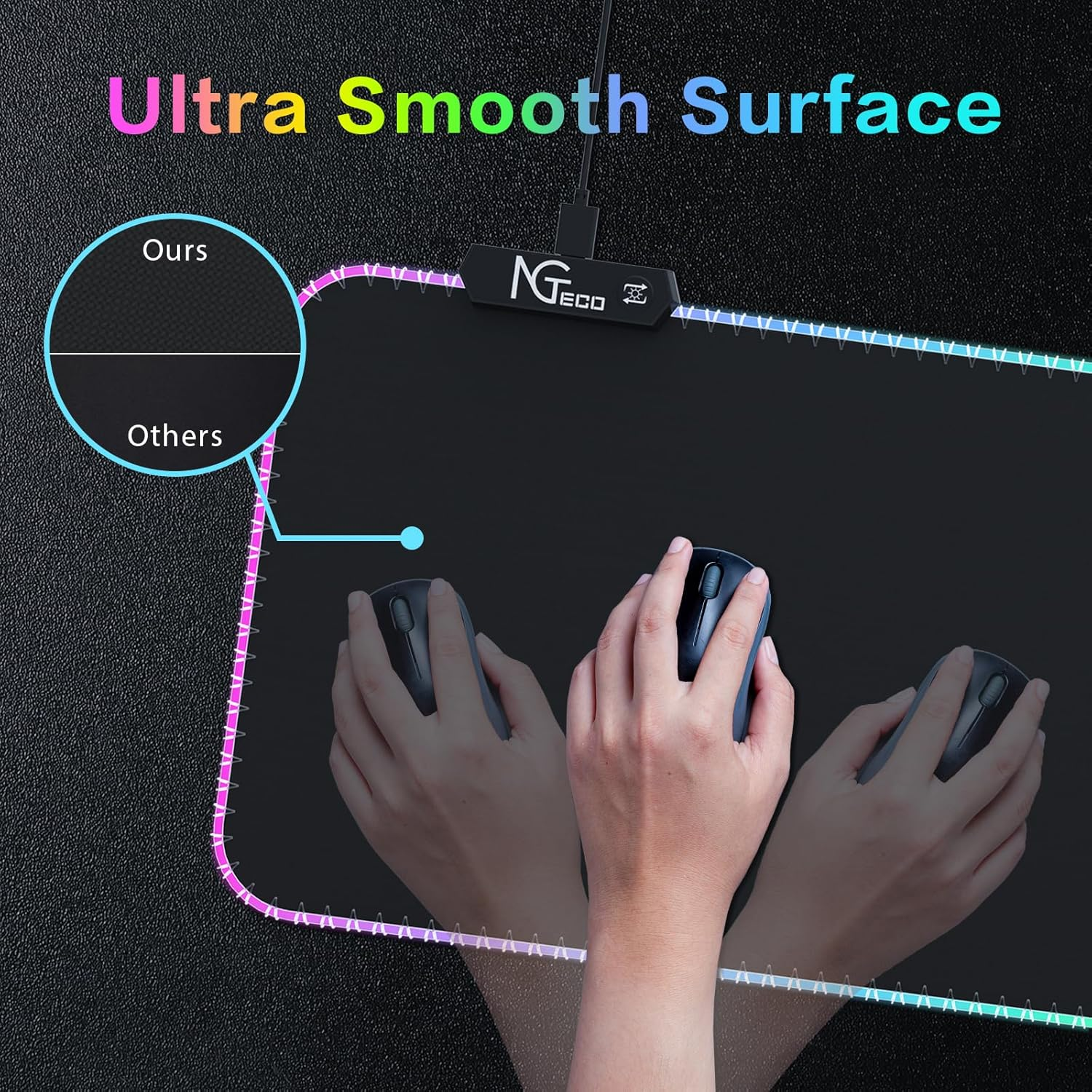 Ngteco Gaming Mouse Pad, Extra Large Desk Mat 90X40Cm with 14 Lighting Modes, Thickened 5Mm XXL Waterproof Non-Slip Rubber Gaming Mat for PC and Keyboard - Black