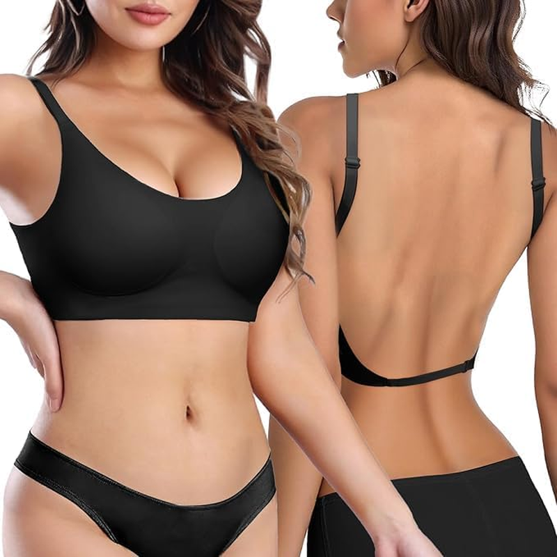Women'S Low Back Bra, Backless Non-Wired Seamless Invisible Bra, Multiway Convertible Strap, Removeable Padding Bra with Adjustable Straps