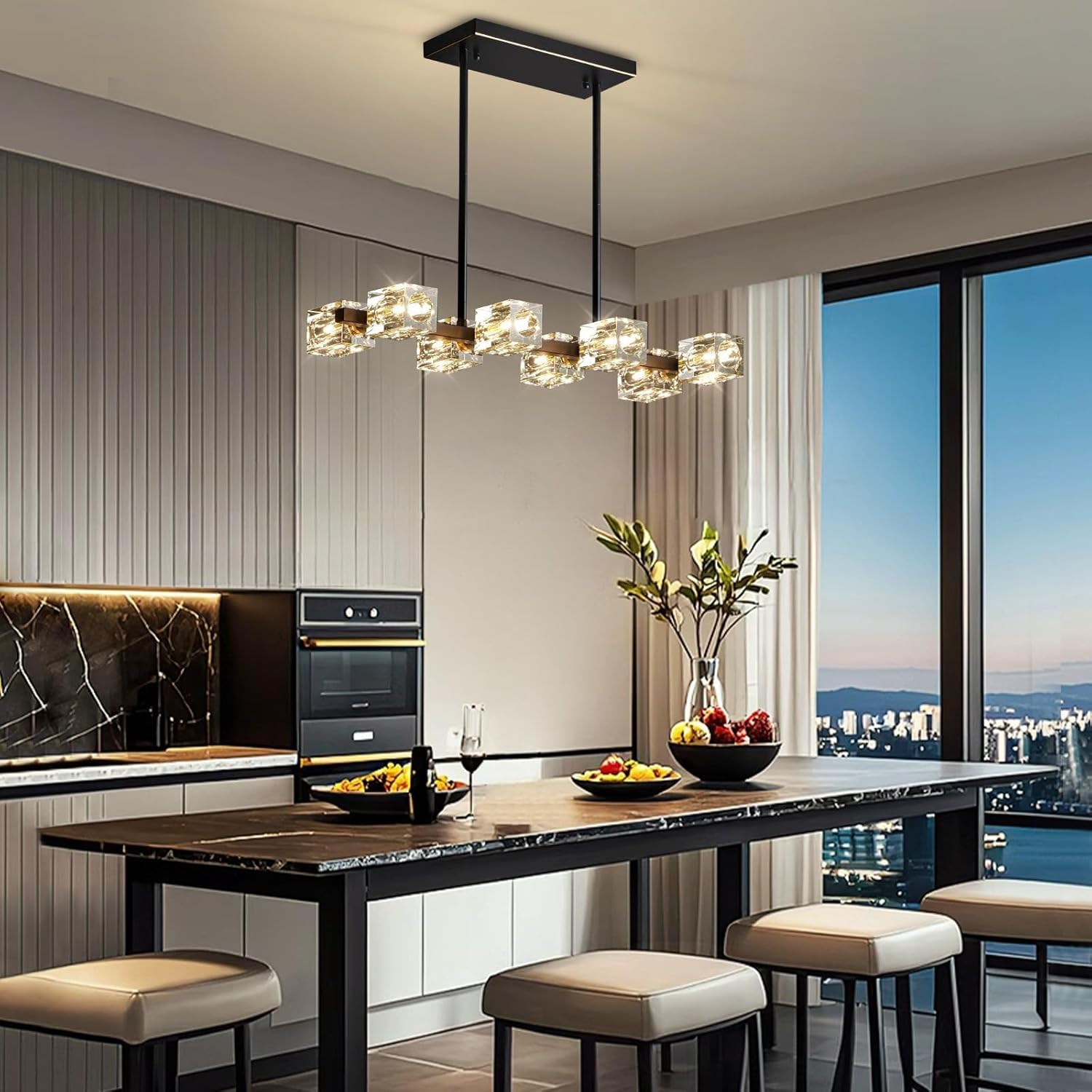 Modern Crystal Pendant Light, Black and Gold Linear Chandelier,8-Light Kitchen Light over Island,Dining Room Handing Ceiling Light Fixture for Living Room