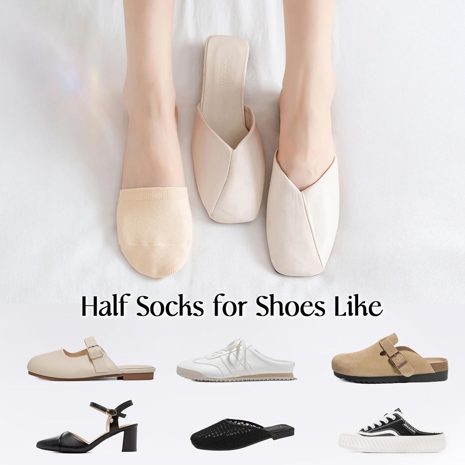 8 Pairs Toe Topper Socks Women No Show, Half Socks Women Seamless Grip Non Slip, Women Socks Toe Socks for Slingback Shoes - 2 Black 2 White 2 Nude 2 Pink image number 5