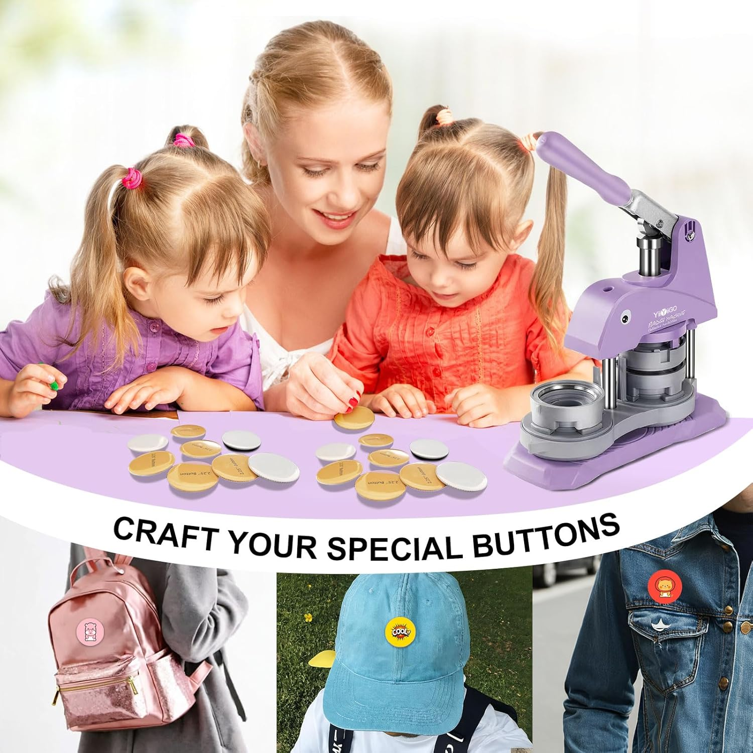 Button Maker Machine Multiple Sizes, 25+32+58Mm Installation-Free Pin Maker Machine, Ideal Badge Maker for Kids DIY with Free 300 Sets Button Making Supplies Badge Making Machine(Purple) image number 2