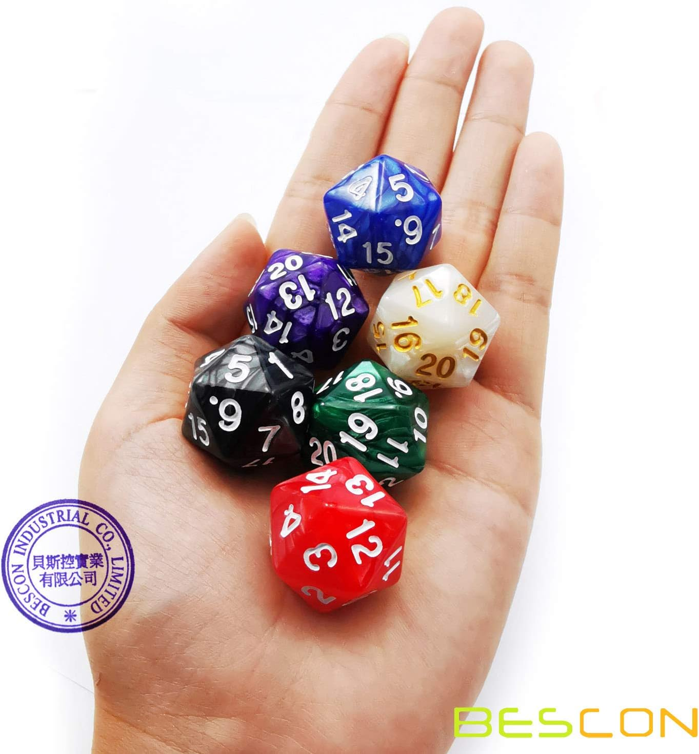 Bescon D20 Spindown Dice 22MM, Assorted Marble Colors 6Pcs Set image number 1