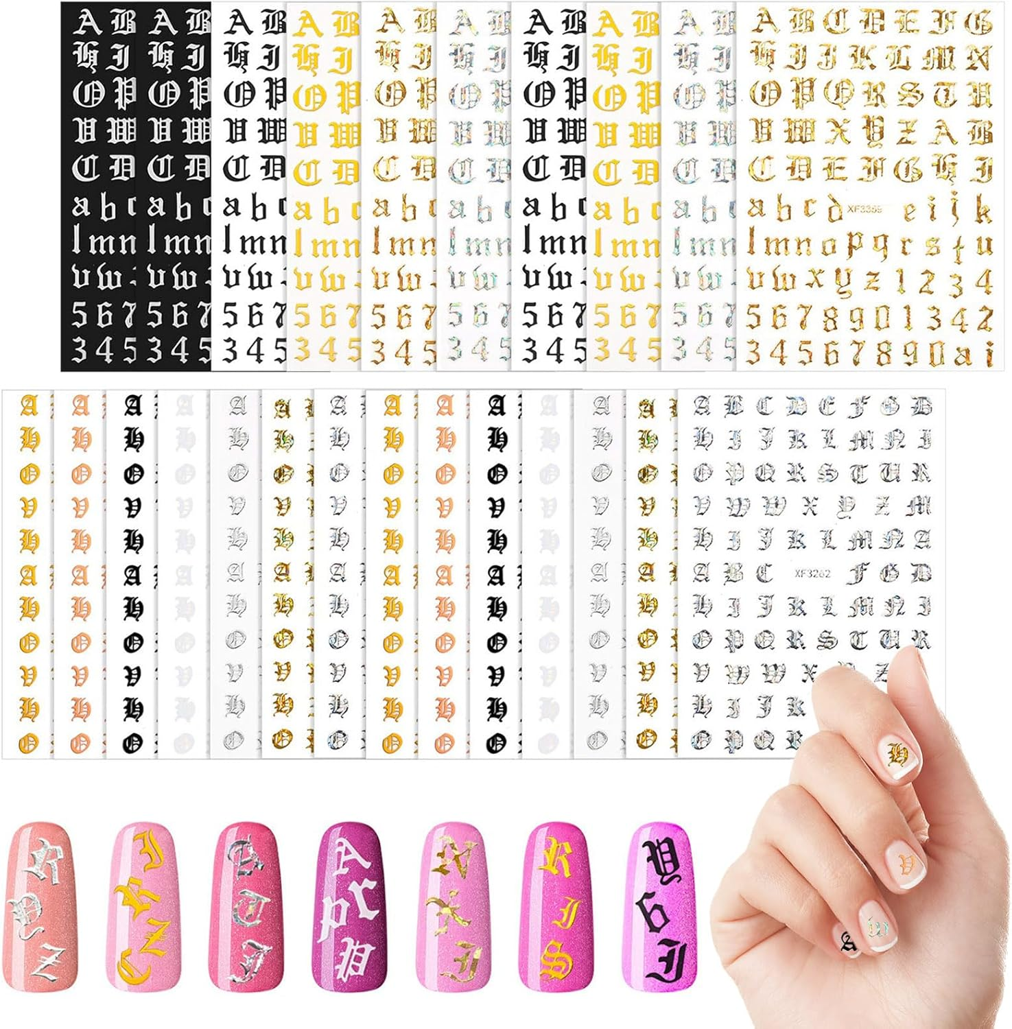 Maitys 24 Sheets Letters for Nails Old English Nail Stickers 3D Holographic Letter Self-Adhesive Gold Old English Alphabet Nail Decals for DIY Women(Classic Colors)