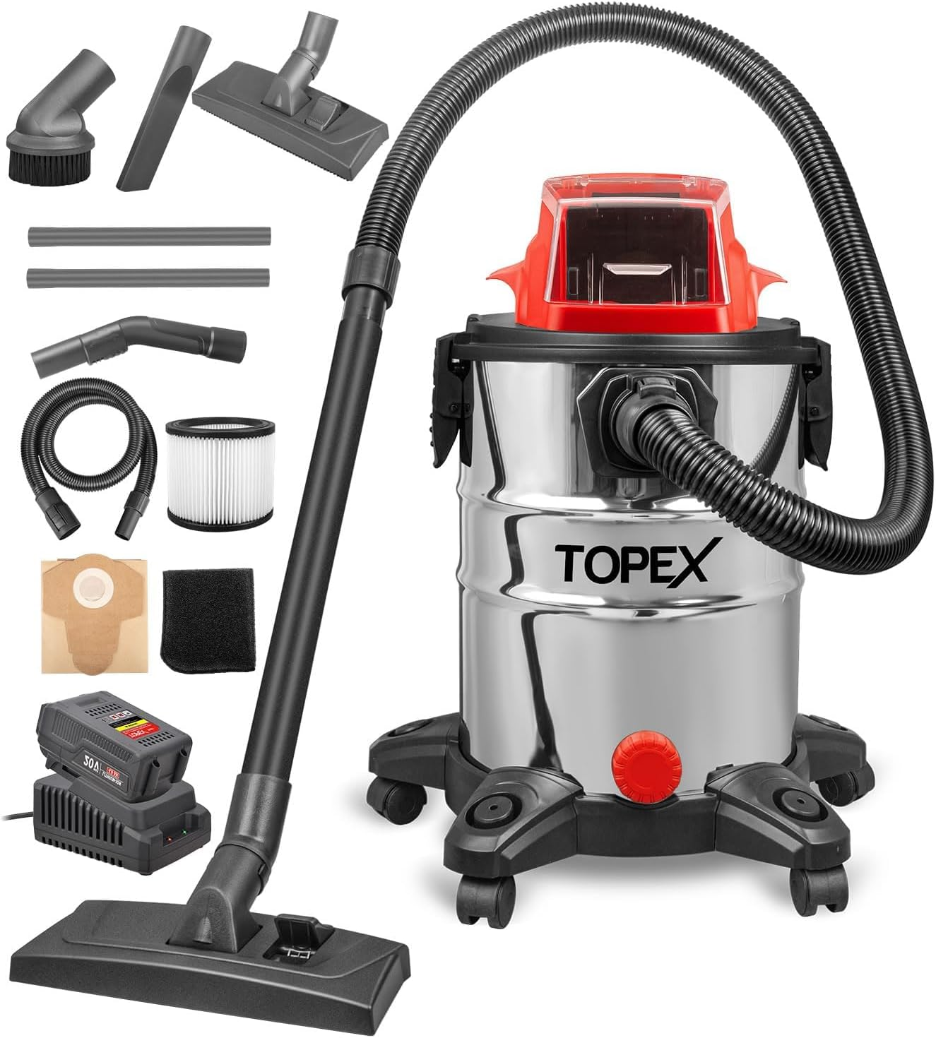 TOPEX 25L Cordless Wet & Dry Vacuum Cleaner Battery Powered Multi-Purpose Removable Universal Wheel with HEPA Filter Cartridge for Car, Garage, Workshop, Home with 20V 4.0Ah Battery and Fast Charger image number 4