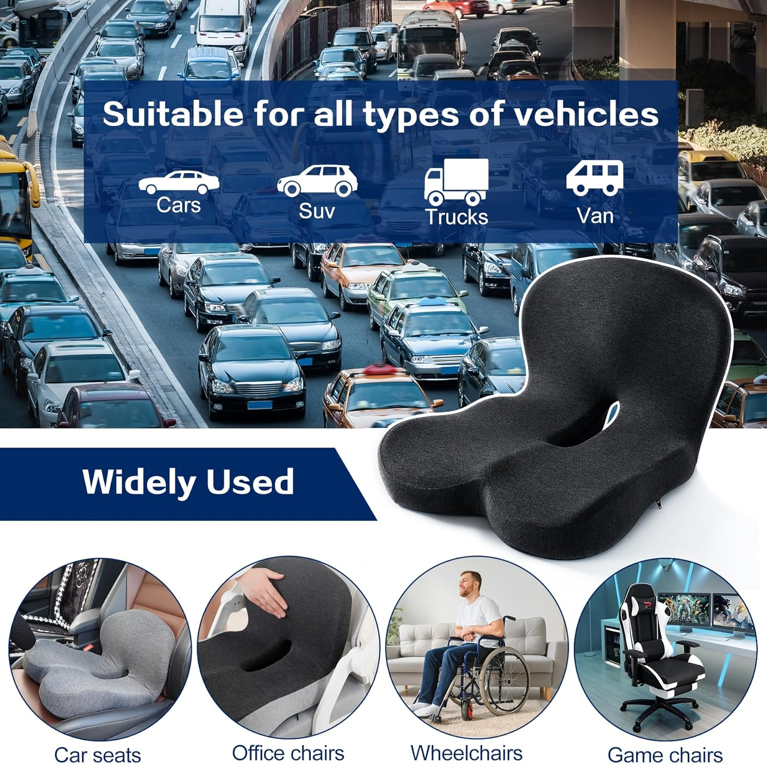 Car Seat Cushions for Long Sitting, Ergonomic Office Chair Cushion with Lumbar Support for Back Pressure Relief, Memory Foam Truck Seat Cushion, Sciatica and Back Pain Cushions for Trucker Accessories image number 1