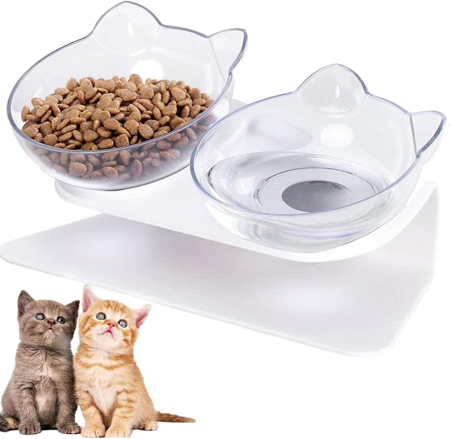 Mumoo Bear Double Elevated Cat Bowls with Raised Stand, Cat Bowl Design Neck Guard Stand Raised Pet Food Water Feeder Bowl,Cute Cat Face Elevated Cat Bowlfor Kitten or Small Dogs, White Clear image number 1