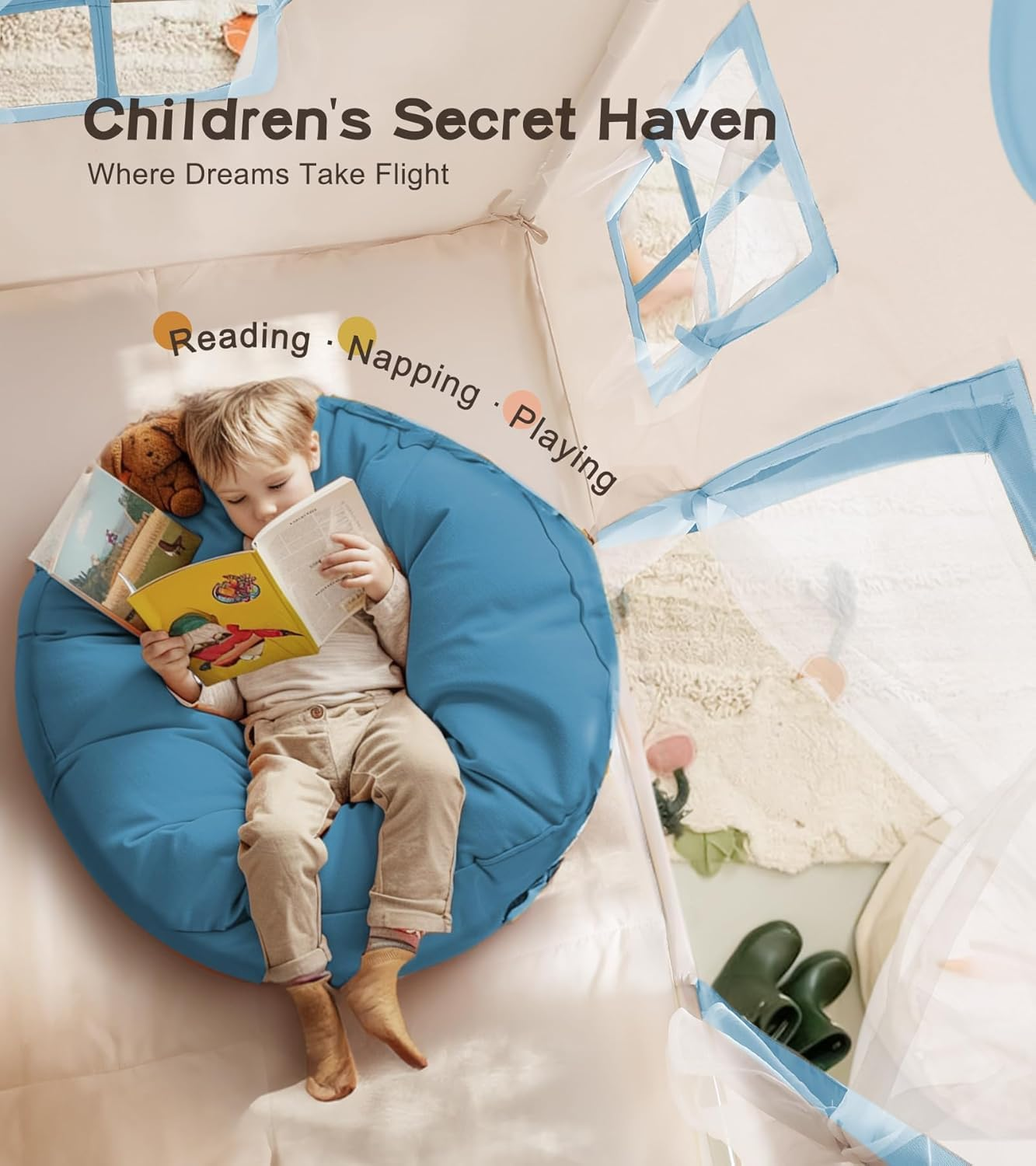 Large Kids Play Tent with Mat, XICEN Play Tent Indoor with Star Lights and Windows, Playhouse for Boys and Girls Aged 3+, Kid Tent with Mat Washable (Blue Top) image number 4