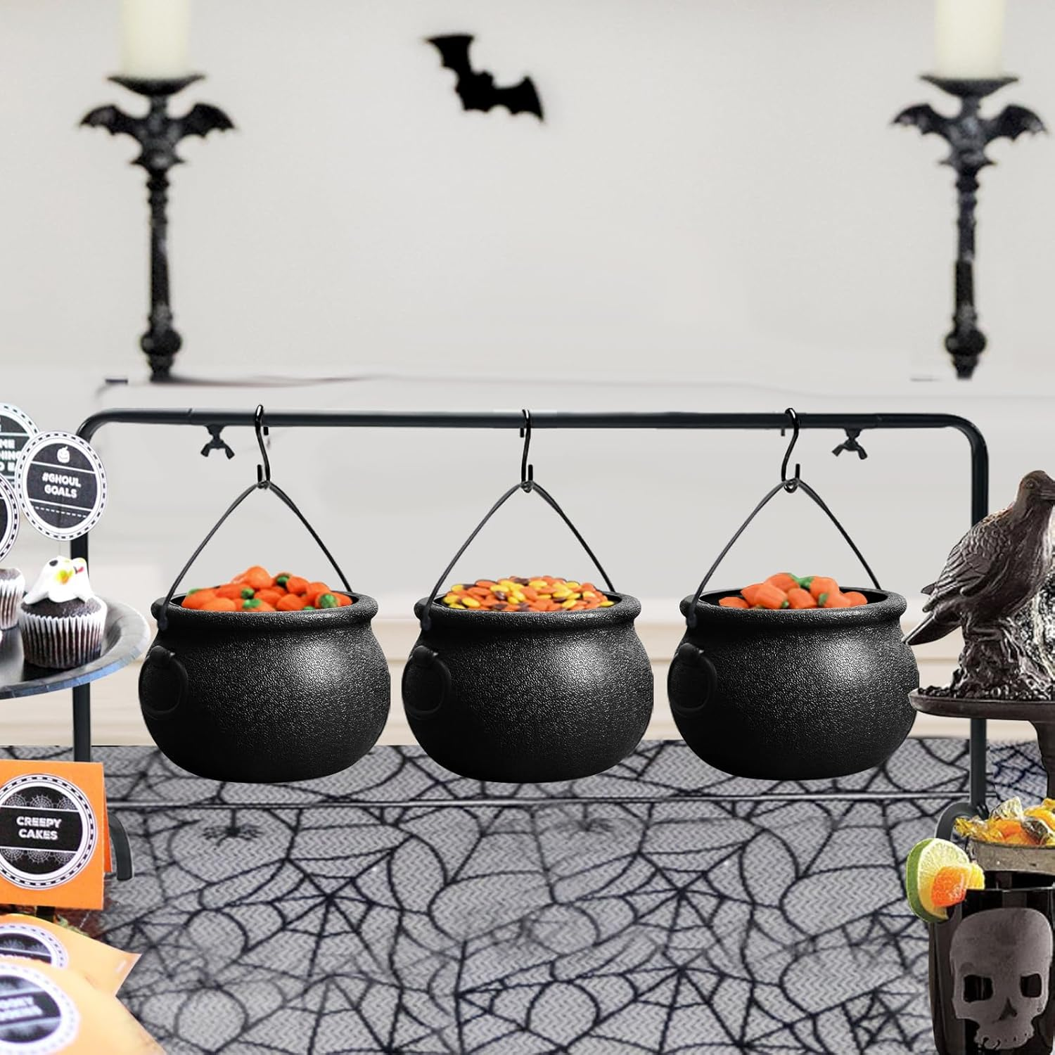 Oriental Cherry Halloween Decor - Halloween Party Decorations - Set of 3 Witches Cauldron Serving Bowls on Rack - Black Plastic Cauldron for Indoor Outdoor Home Kitchen Decoration image number 3