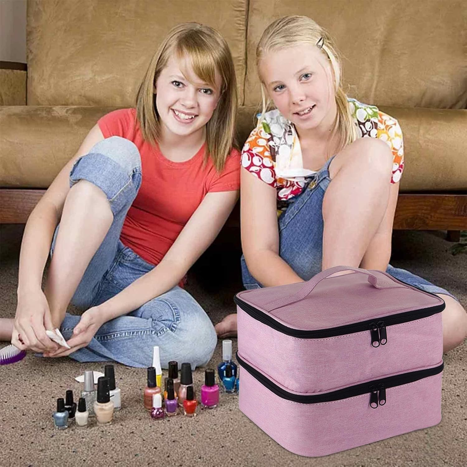 Double Layer Nail Polish Storage Bag Nail Polish Case Organiser Large Zipped Storage Case for Nail Polish 25 X 20 X 19 Cm, Pink, Se R&eacute;f&eacute;rer Au Descriptif, Refer to Description - Black image number 3