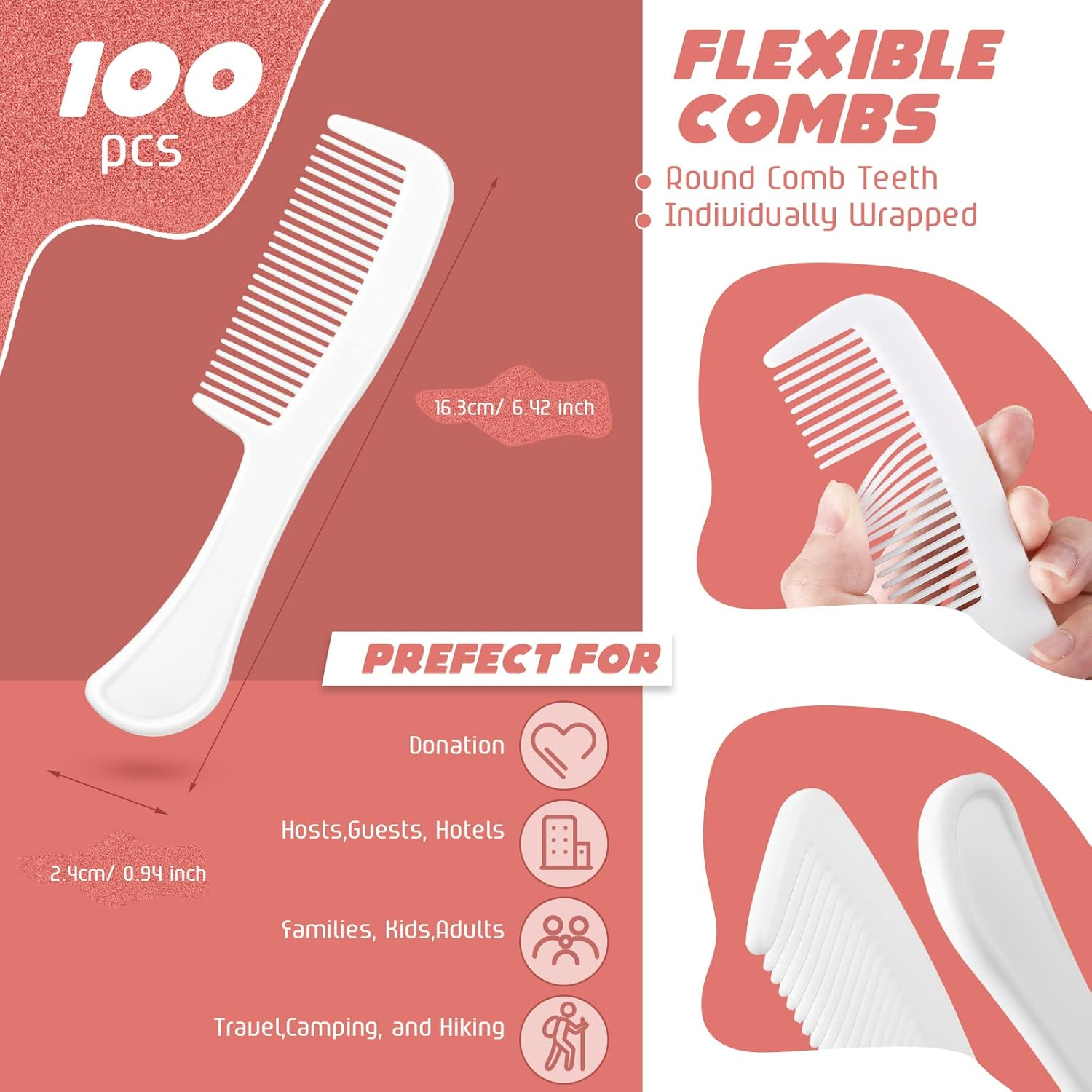 100 Pack Individually Wrapped Combs Disposable Combs Plastic Travel Comb Hair Combs for Hotel Shelter Homeless Charity Church Nursing Home Care Supplies, 5.9 Inch Long, White image number 1