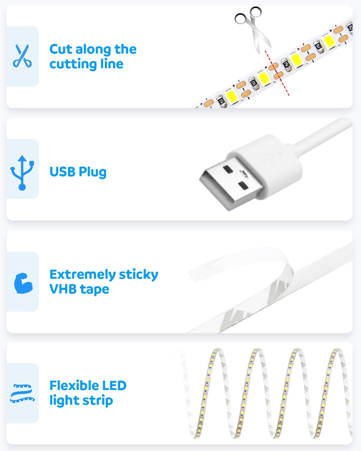 Aclorol LED Strip Light 2M Cool White USB Dimmable LED Strip Light for Bedroom with 1.5M Long Cable Cuttable for under Cabinets Cupboard Computer Desk Ambient Lighting 5Mm Width 6000K image number 2