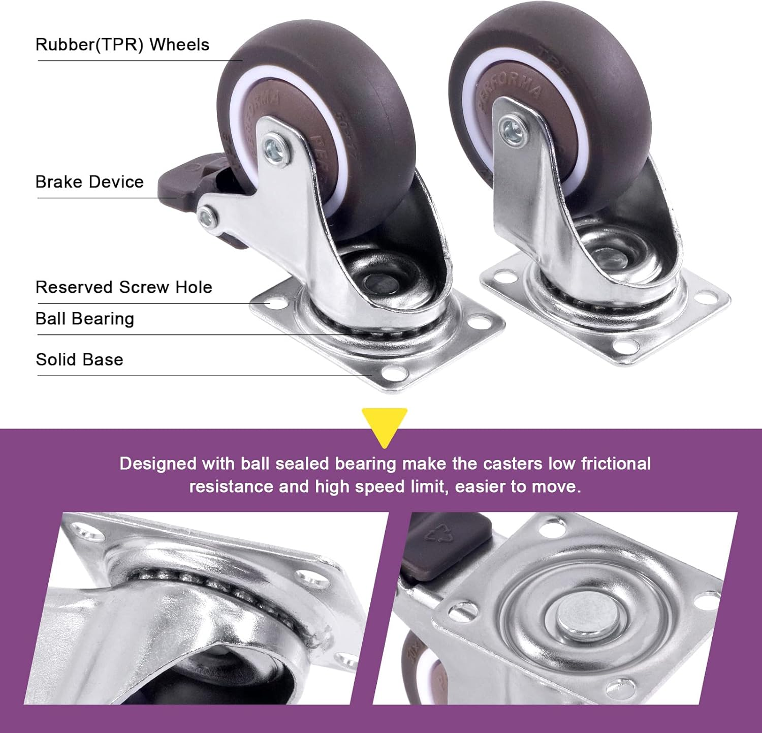 Swpeet 21Pcs 1 Inch Swivel Caster Wheels Set, Heavy Duty No Noise Rubber Casters 2 with Brakes 2 without Brakes, Locking Casters with Screws and Screwdrvier, Swivel Plate Castor Wheels for Furniture image number 4