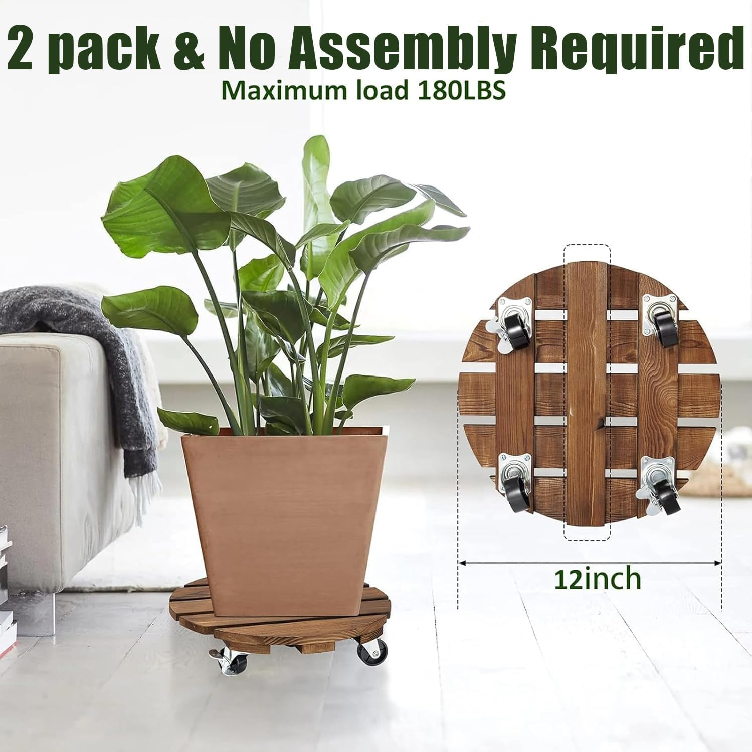 WEZCHUGHAOL 2-Pack Wood Plant Caddy with 360&deg; Lockable Wheels, Rolling Plant Stand for Indoor Outdoor Flower & Succulent Pots, round Pot Caster Tray 30X30X8Cm image number 6