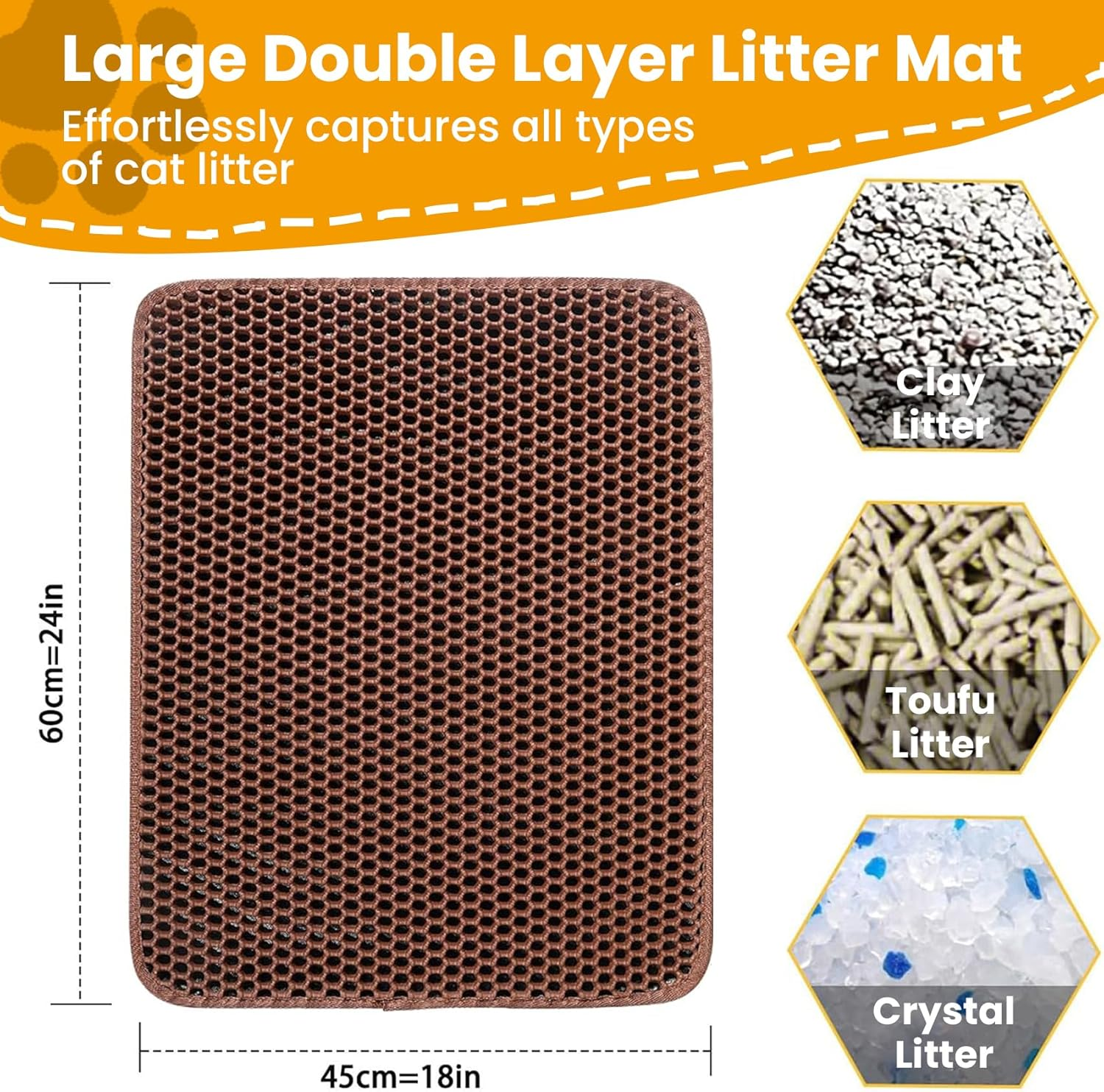 Petinstinct Cat Litter Mat, 24X18 Inches Large Honeycomb Double Layer Cat Litter Trapping Mat, Non Slip Waterproof Urine Proof Cat Litter Box Mat, Kitten Supplies and Essentials, Brown image number 2