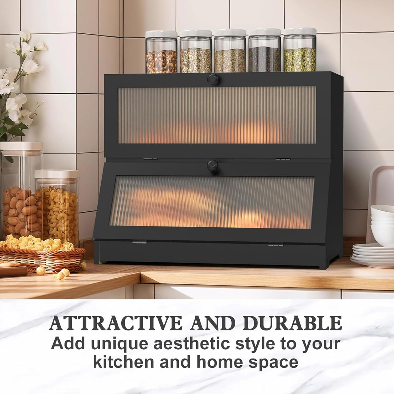 Black Bread Storage Container for Homemade Bread, Large Bread Box for Kitchen Countertop, Two Layer Farmhouse Breadbox Organizer for Kitchen Counter Corner, Cabinet, 39 * 24 * 32Cm image number 1