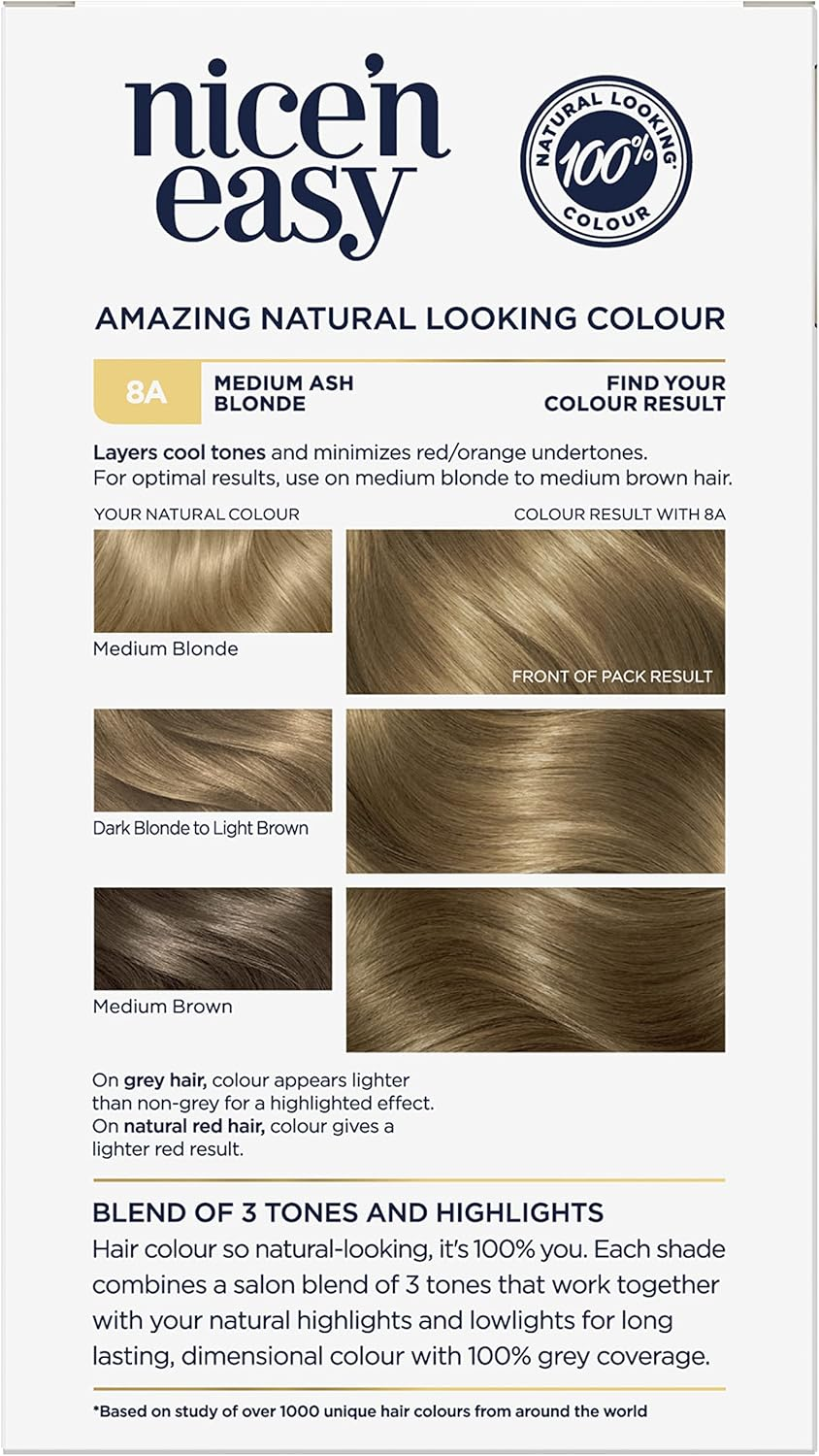 Clairol Nice 'N Easy Permanent Hair Colour 8A Natural Medium Ash Blonde, 100% Grey Coverage, Natural Looking Hair Colour