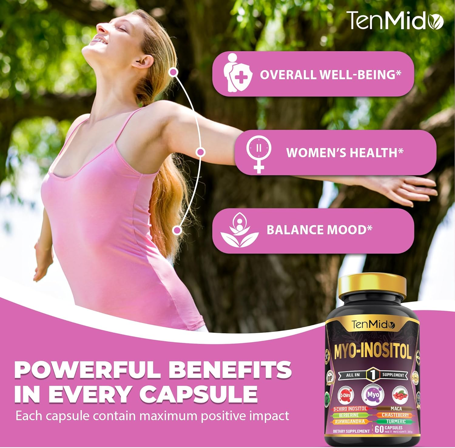 Tenmido Myo-Inositol Supplement for Women &ndash; Blend D-Chiro Inositol, Berberine, Ashwagandha, Maca, Chasteberry, Turmeric, Green Tea, and More &ndash; 60 Vegan & Non-Gmo Capsules image number 2
