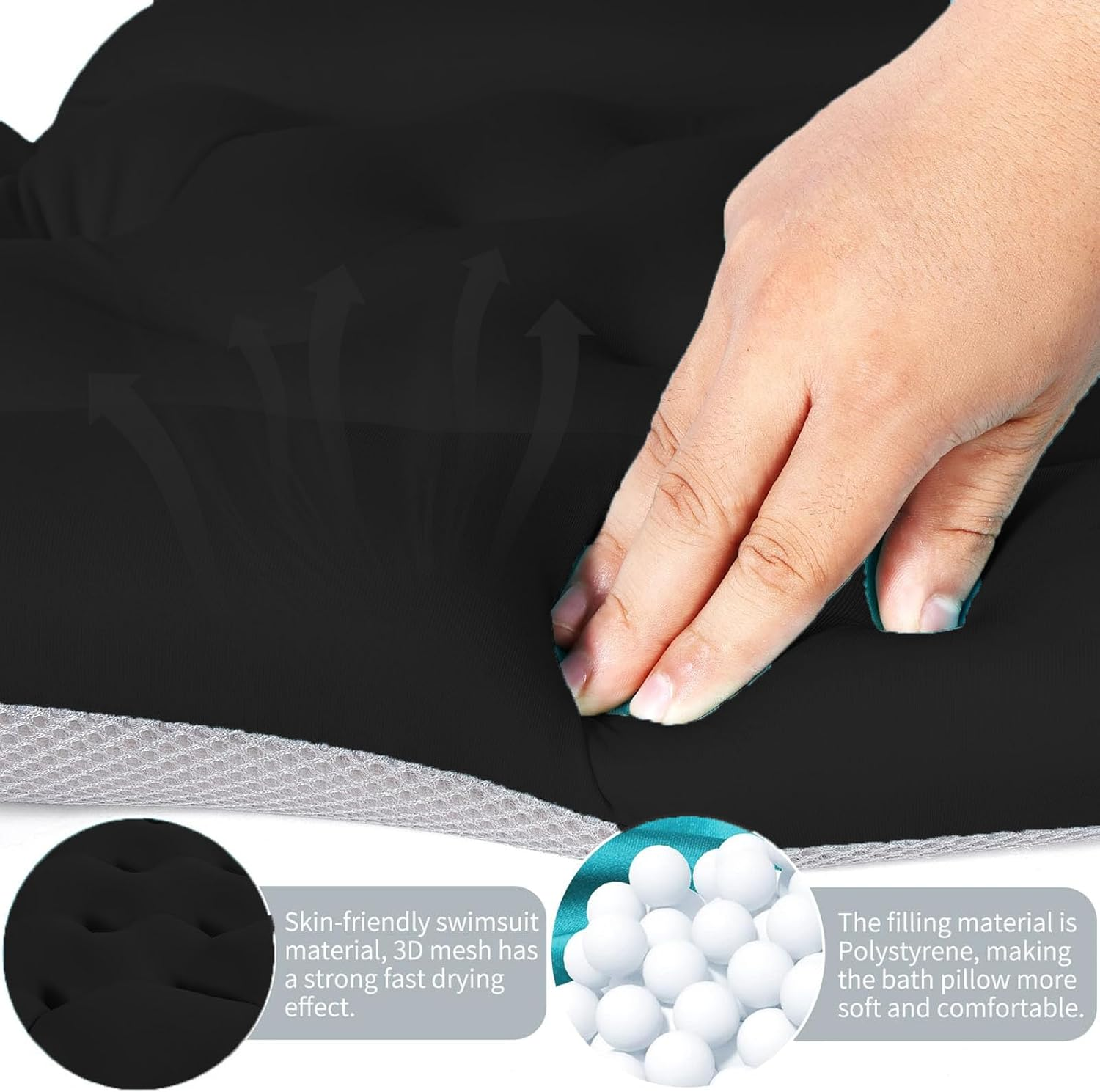 Full Body Bath Pillow, Ergonomic Design Non Slip Base, 132Cm Length, 3D Air Mesh, for Bathtubs, Swimming Pools, Hot Springs (Black)