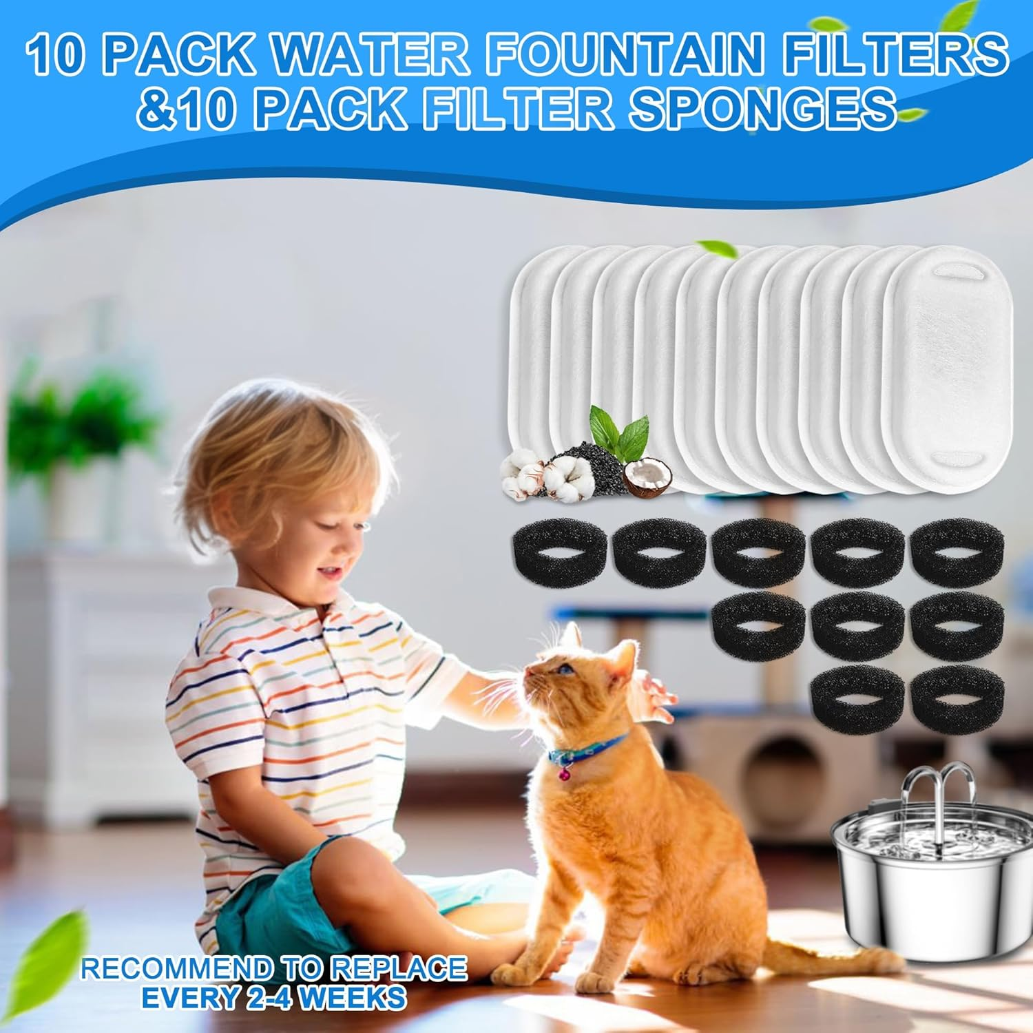 Cat Water Fountain Filters, 20 Pack Cat Fountain Replacement Filters for 67Oz/2L and 108/3.2L Adjustable Flow Pet Drinking Fountain, 10+10 Pack image number 6