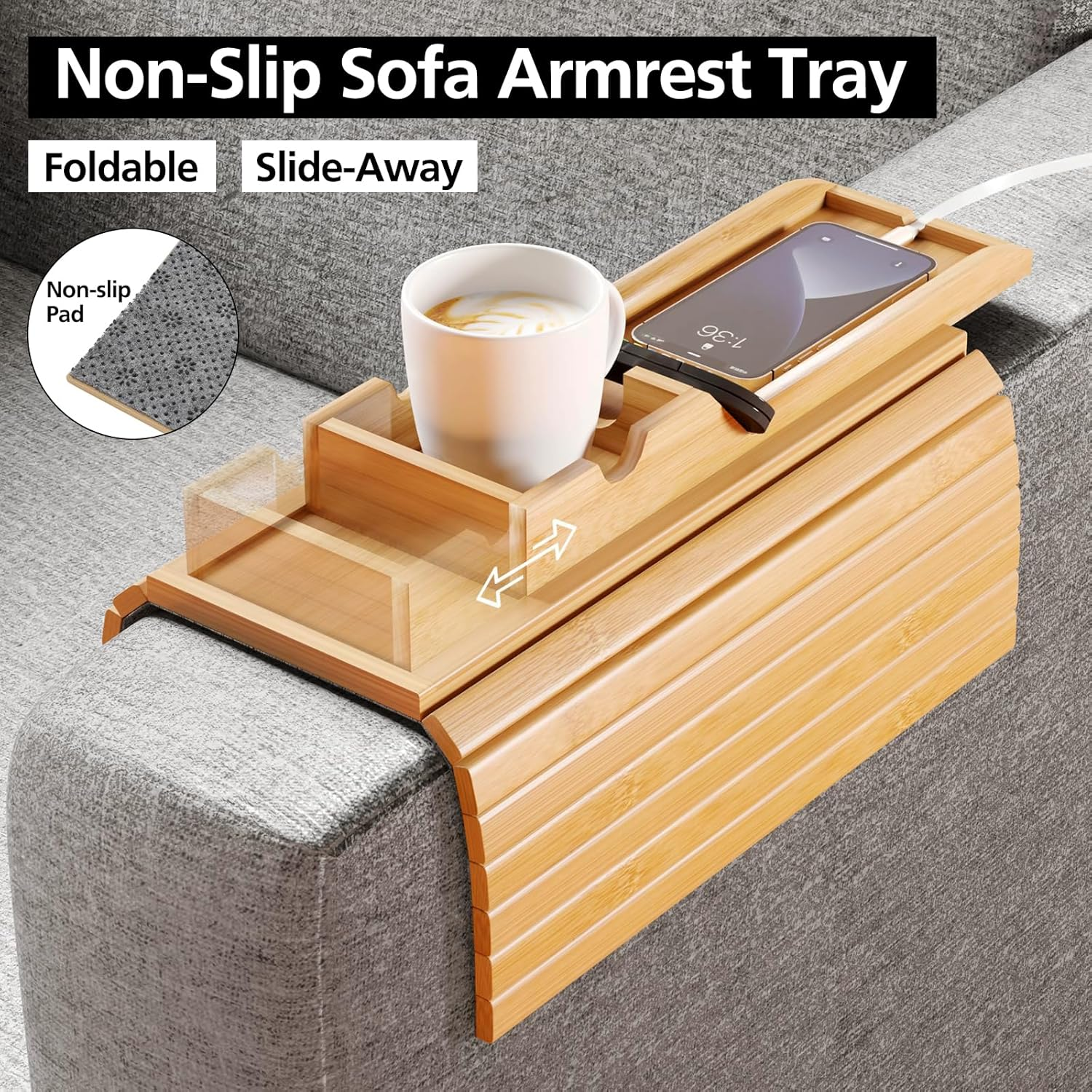 ACA Trading Couch Cup Holder Tray, Modern Sofa Armrest Tray Table with Non-Slip Pad, Wooden Bamboo Arm Table for Drinks and Food with Side-Away Tray(Natural) image number 3