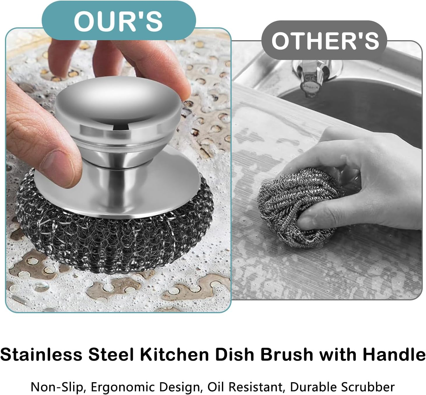 2Pcs Stainless Steel Scrubber with 2 Replacement Wire Pads, Steel Scrubber for Dishes with Stainless Steel Handle, Steel Wool Scrubber for Cleaning Dishes, Stock Pots, Pans, Griddles, and Grills image number 4