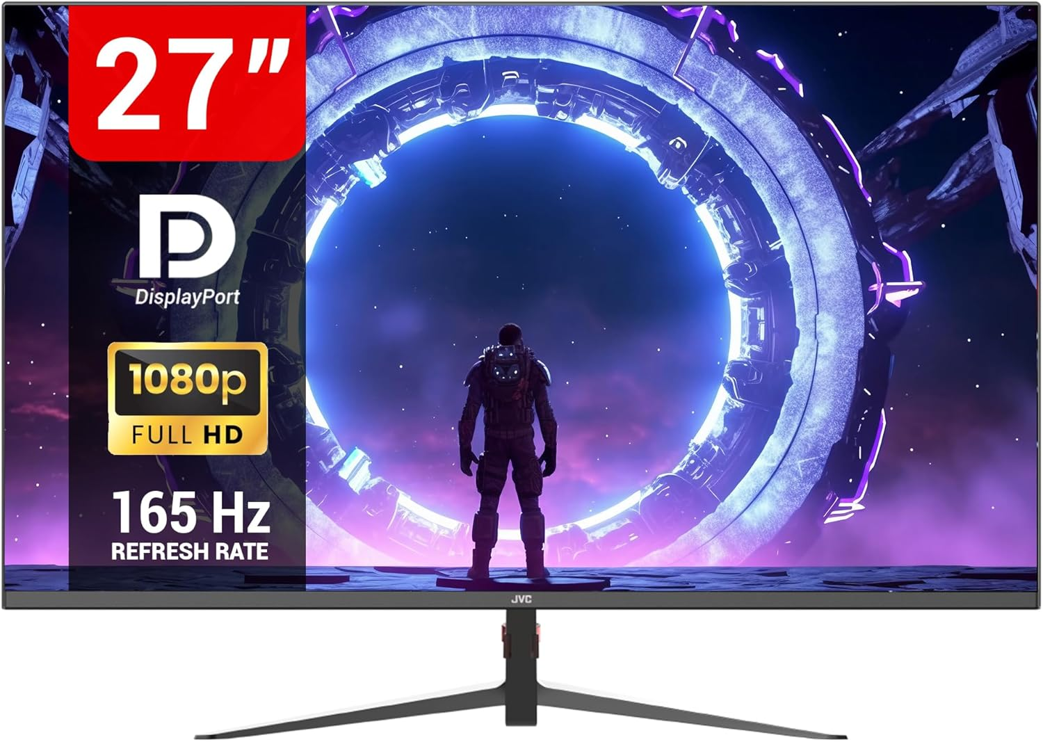 JVC 27 Inch Monitor, 1080P FHD (Full High Definition) Ultra Thin Bezels Display, 165Hz Gaming Monitor with Tilt Adjustment, Display Port & HDMI Inputs, Fast 1Ms Response (LT-GN27225A)