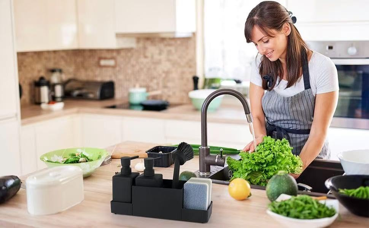 JCQMZB Kitchen Soap Dispenser with Sponge Holder Set for Sink Caddy (Double Soap Dispensers and 1 Brush) Matte Black image number 2