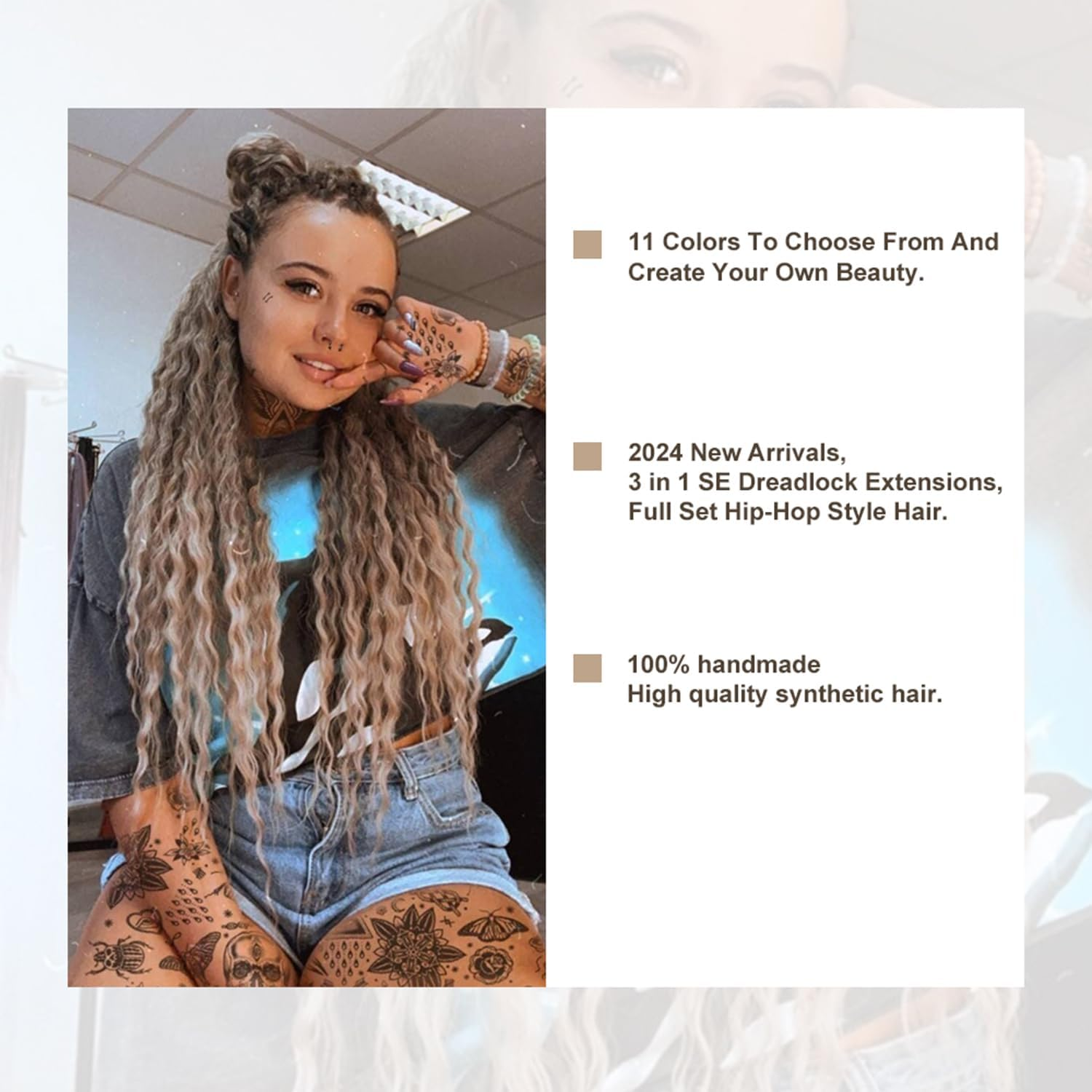 24 Inch Synthetic Dreadlock Extensions Hippie Single Ended Dreads 0.6 Cm Width Loc Extensions Reggae Style Crochet Hair for Women (T1B/Blue, 3 Styles Mixed 24 Inch(18 Strands)) image number 3