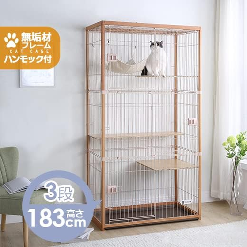 OSJ Cat Cage, Cat Cage, 3 Tiers, Wooden Frame, Spacious, Large, Stylish, Cat House, Answering Machine, Ladder Included, Protection, Escape Prevention, Easy Assembly, for Multiple Families, Multiple image number 2