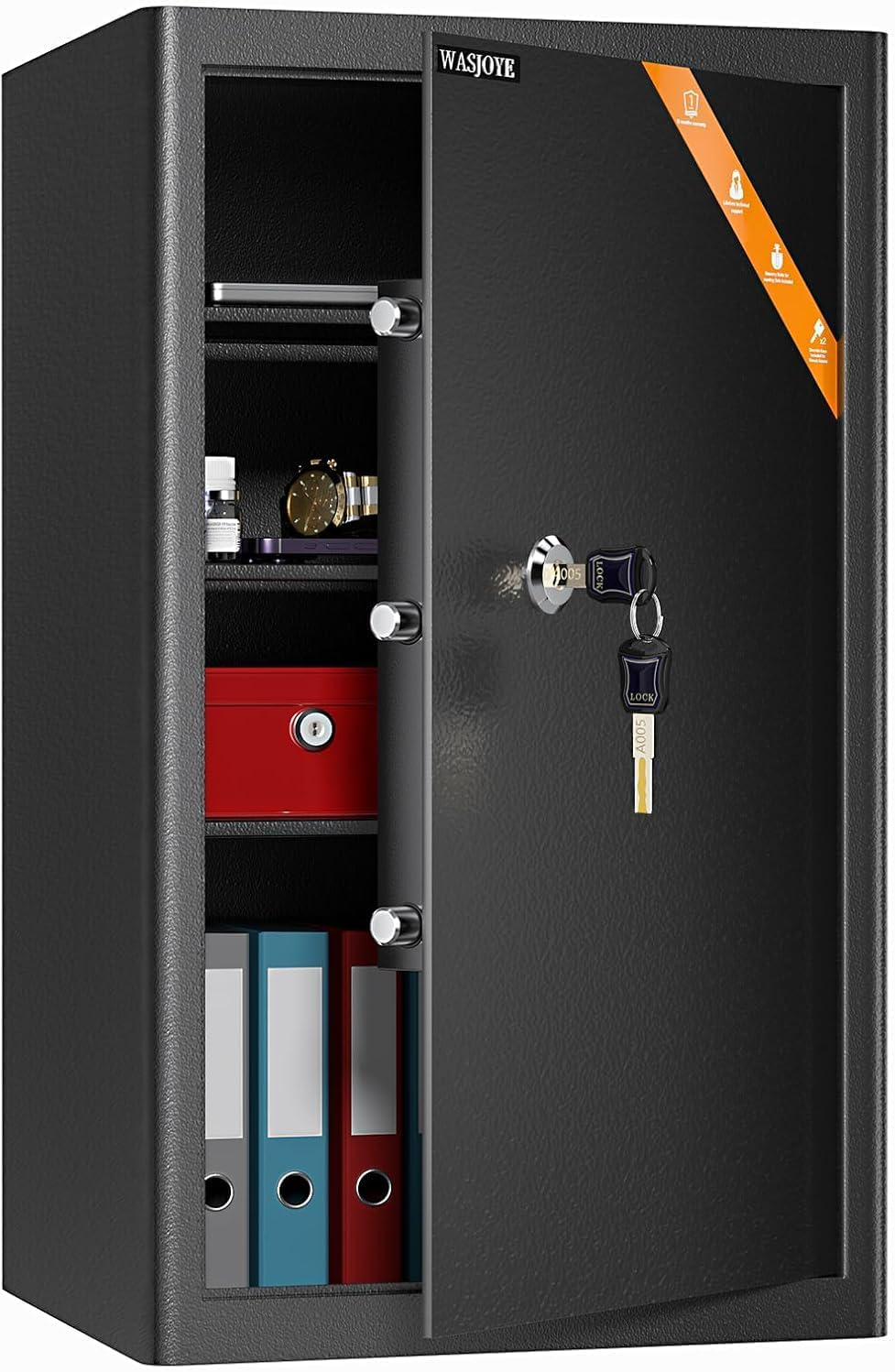 WASJOYE Safe Lock Box Wite Keys, High Security Safety Box, 72L Steel Lock Safes for Home/Office, Cabinet Keys Safe Lock Box for Money Cash Jewelry Medicine Document, 62.5 * 37 * 31CM image number 2